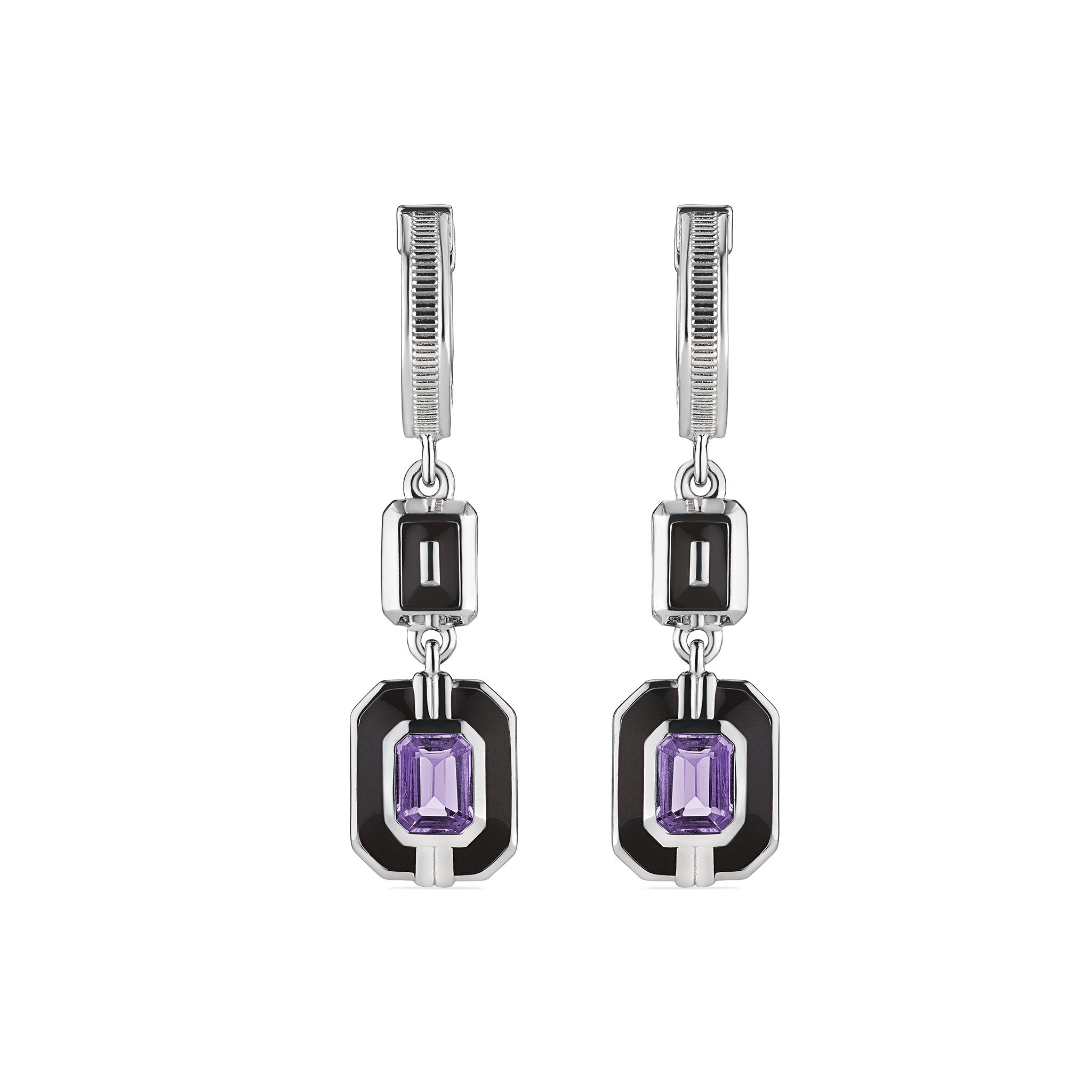 Adrienne Double Drop Huggie Hoop Earrings with Enamel and Amethyst
