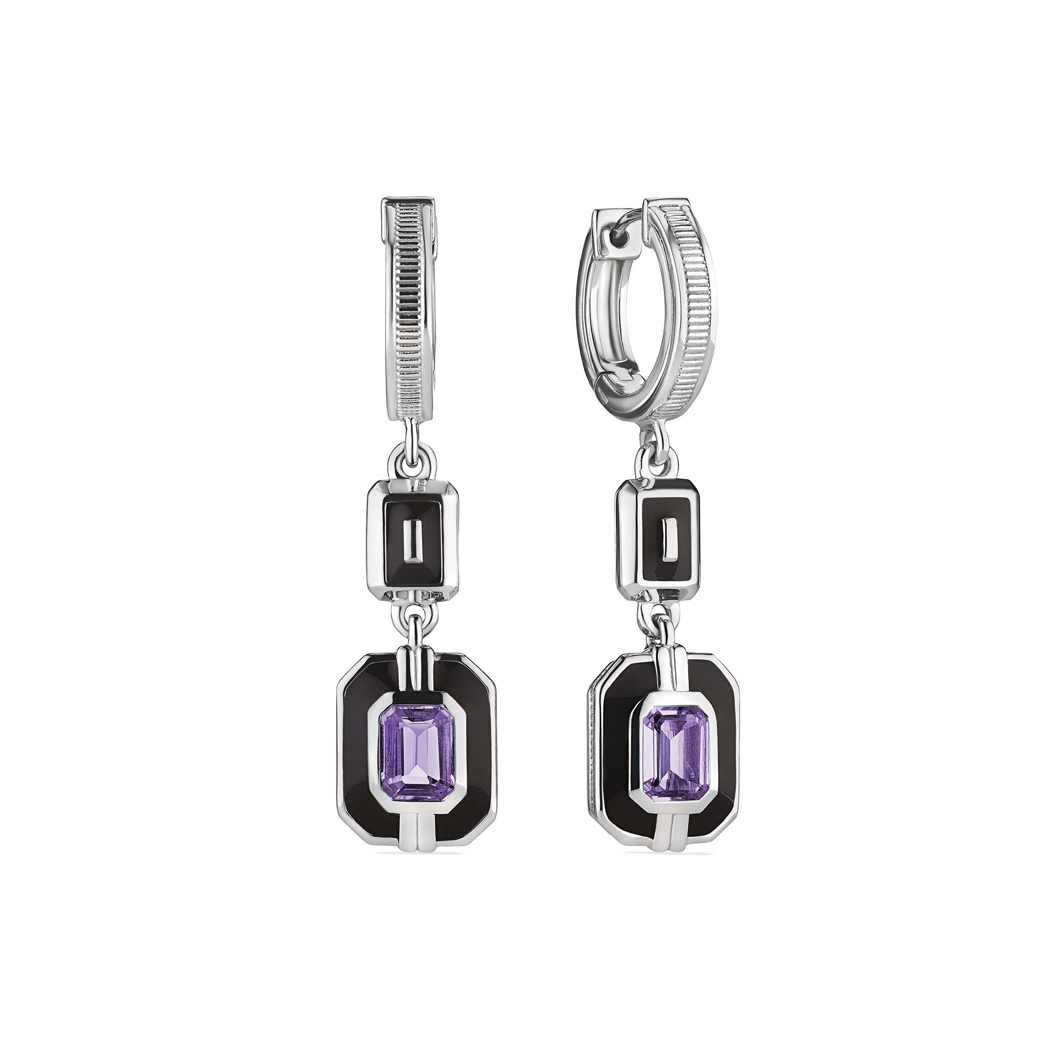 Adrienne Double Drop Huggie Hoop Earrings With Enamel And Amethyst