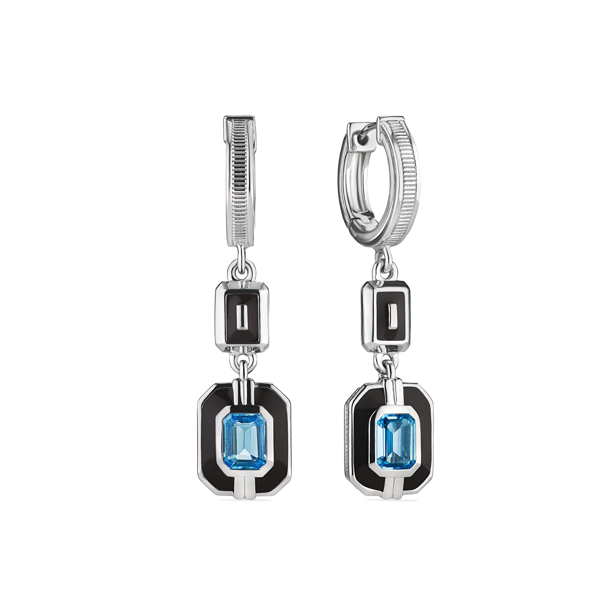 Adrienne Double Drop Huggie Hoop Earrings With Enamel And Swiss Blue Topaz