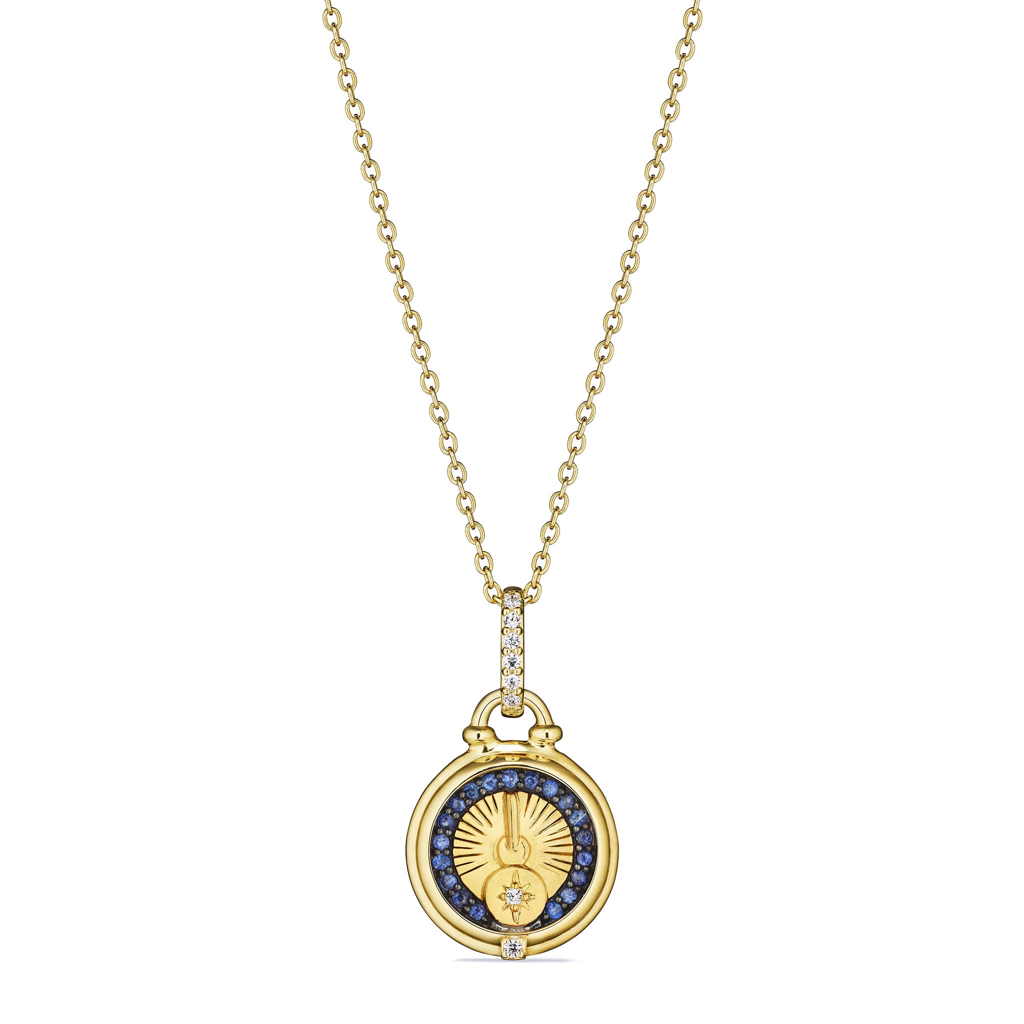 Little Luxuries Sun Dial Medallion Necklace With Blue Sapphire And Diamonds In 18K