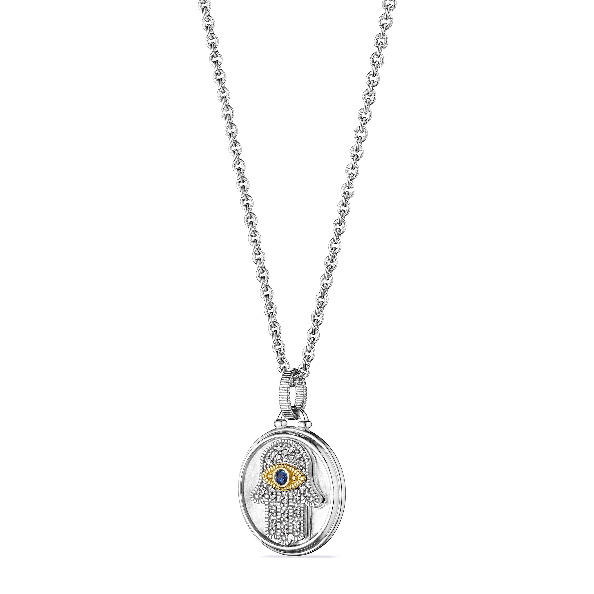 Little Luxuries Textured Hamsa Medallion Necklace with Blue Sapphire, Diamonds and 18K Gold