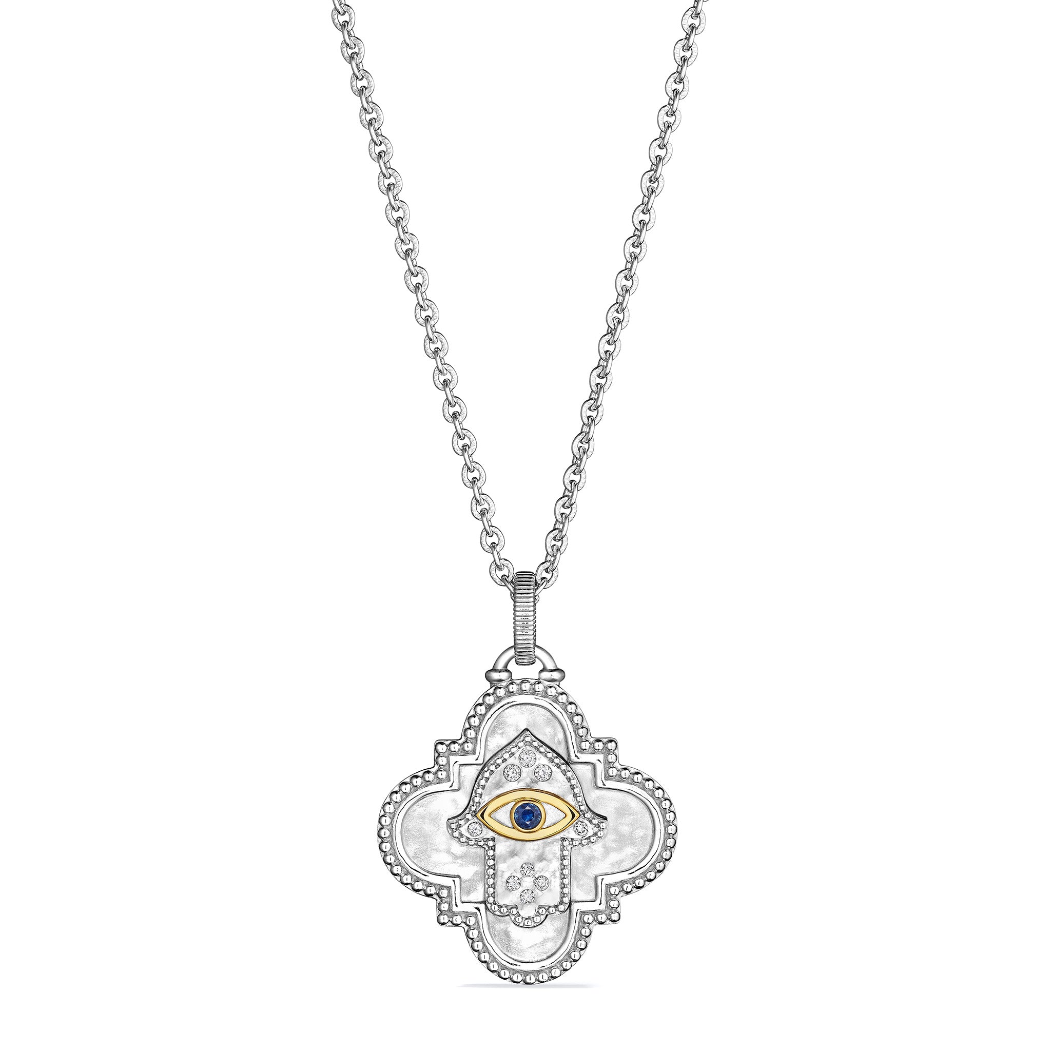 Little Luxuries Long Quatrefoil Hamsa Medallion Necklace With Blue Sapphire, Diamonds And 18K Gold
