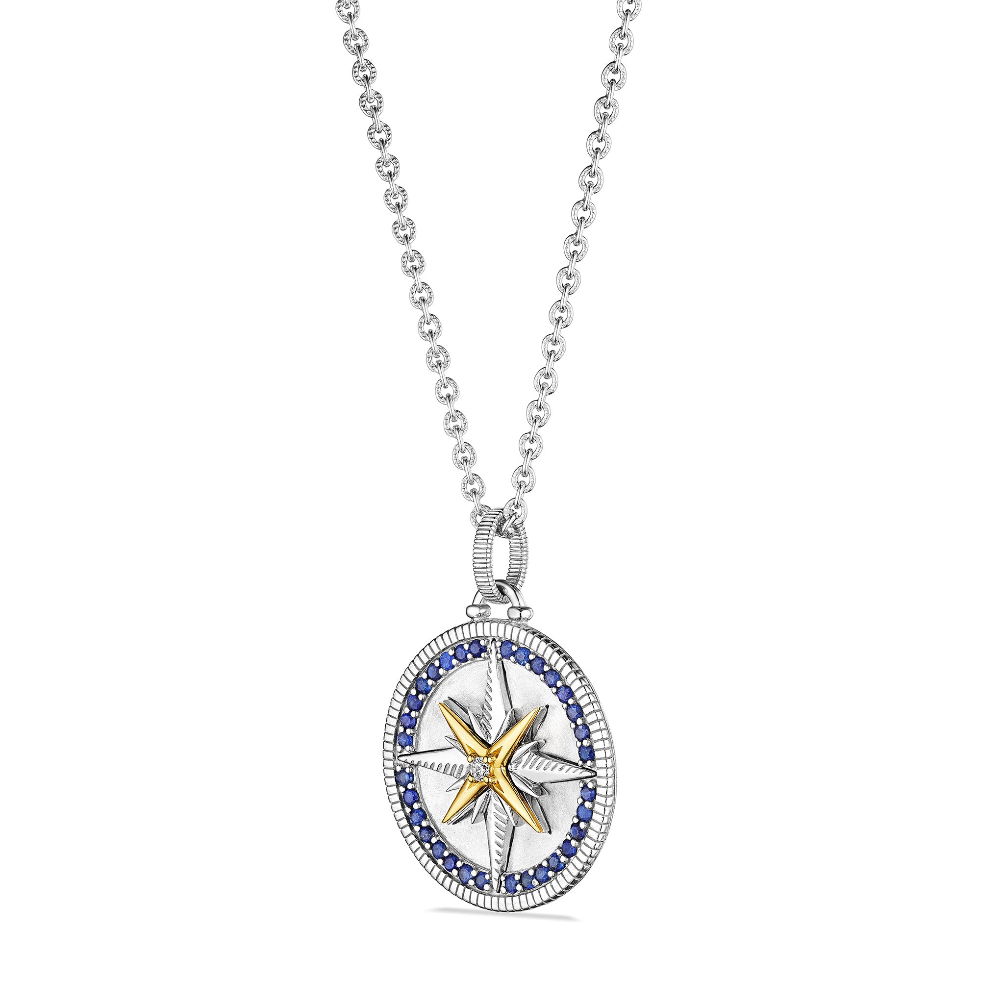 Little Luxuries Long North Star Medallion Necklace with Blue Sapphire, Diamonds and 18K Gold