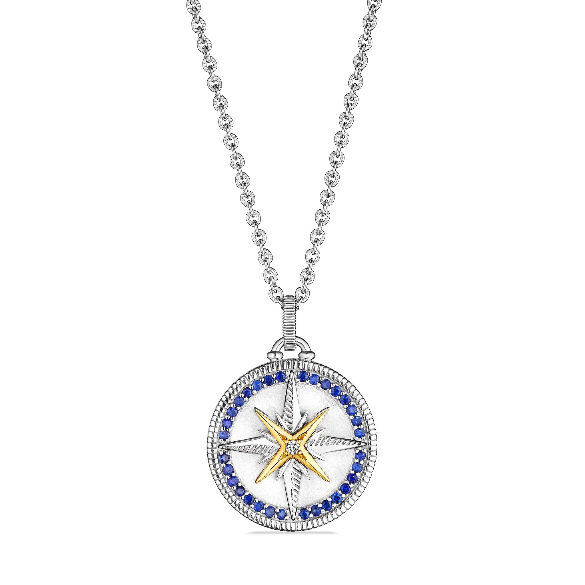 Little Luxuries Long North Star Medallion Necklace With Blue Sapphire, Diamonds And 18K Gold
