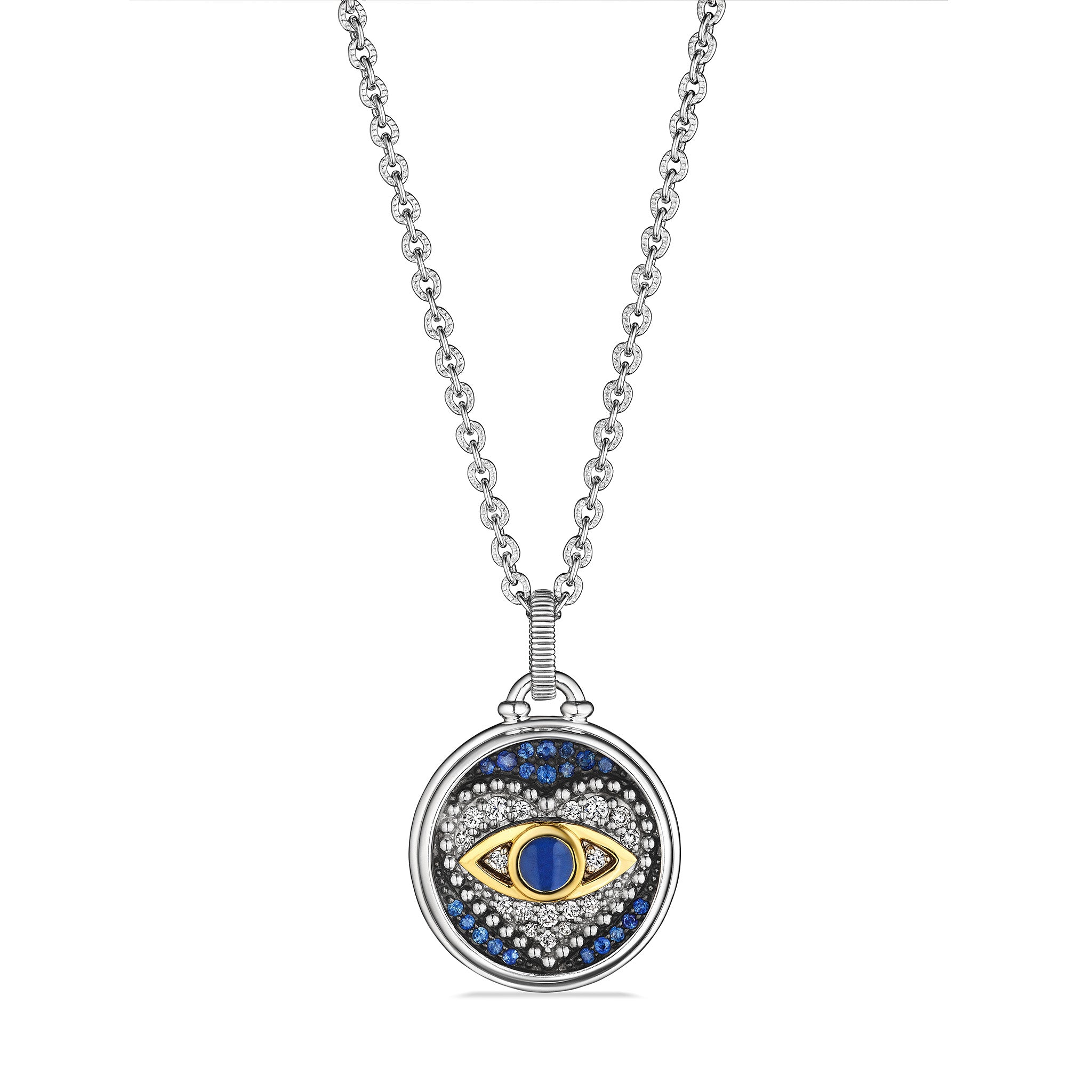Little Luxuries Evil Eye Heart Medallion Necklace With Blue Sapphire, Diamonds And 18K Gold