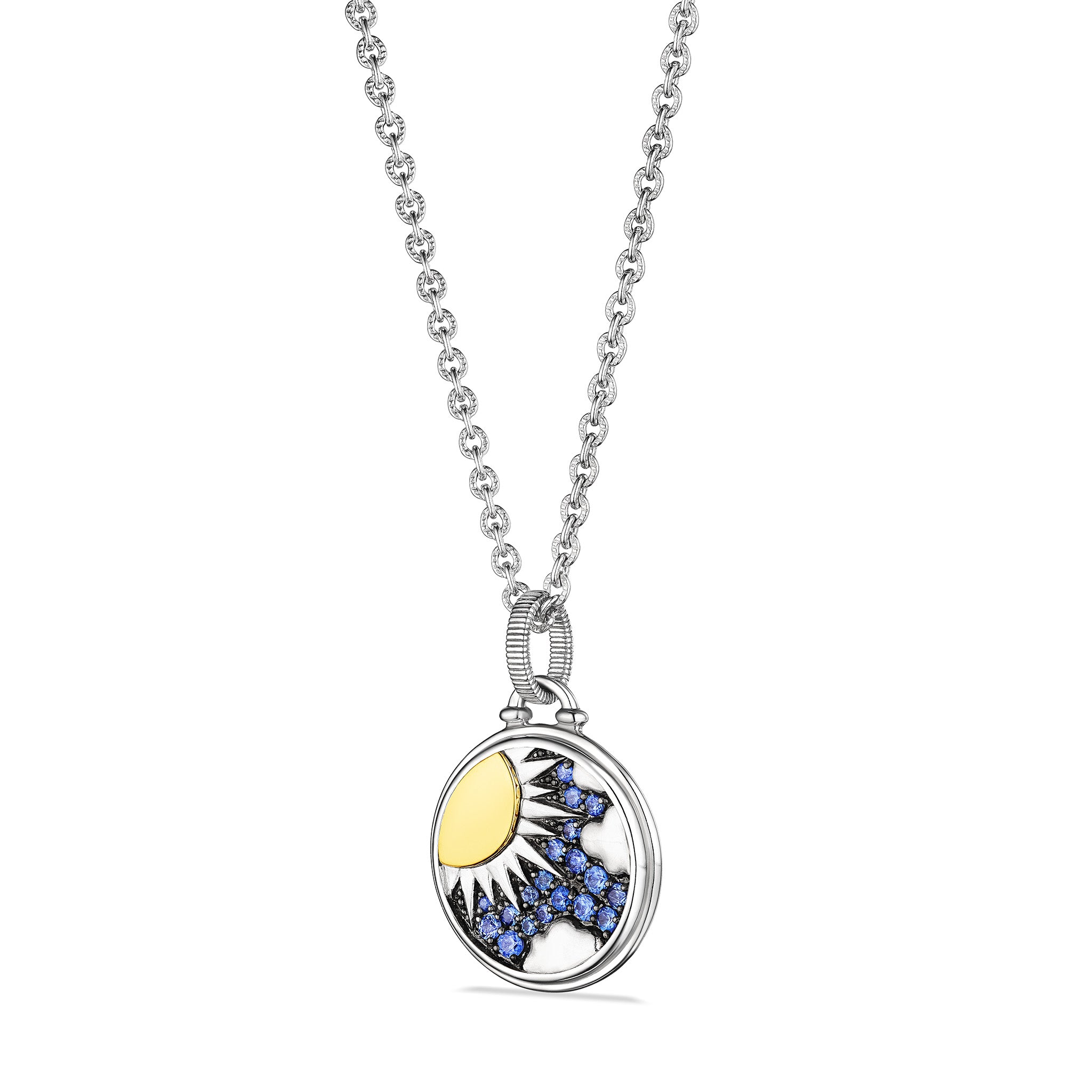 Little Luxuries Sunshine Medallion Necklace with Blue Sapphire, Diamonds and 18K Gold