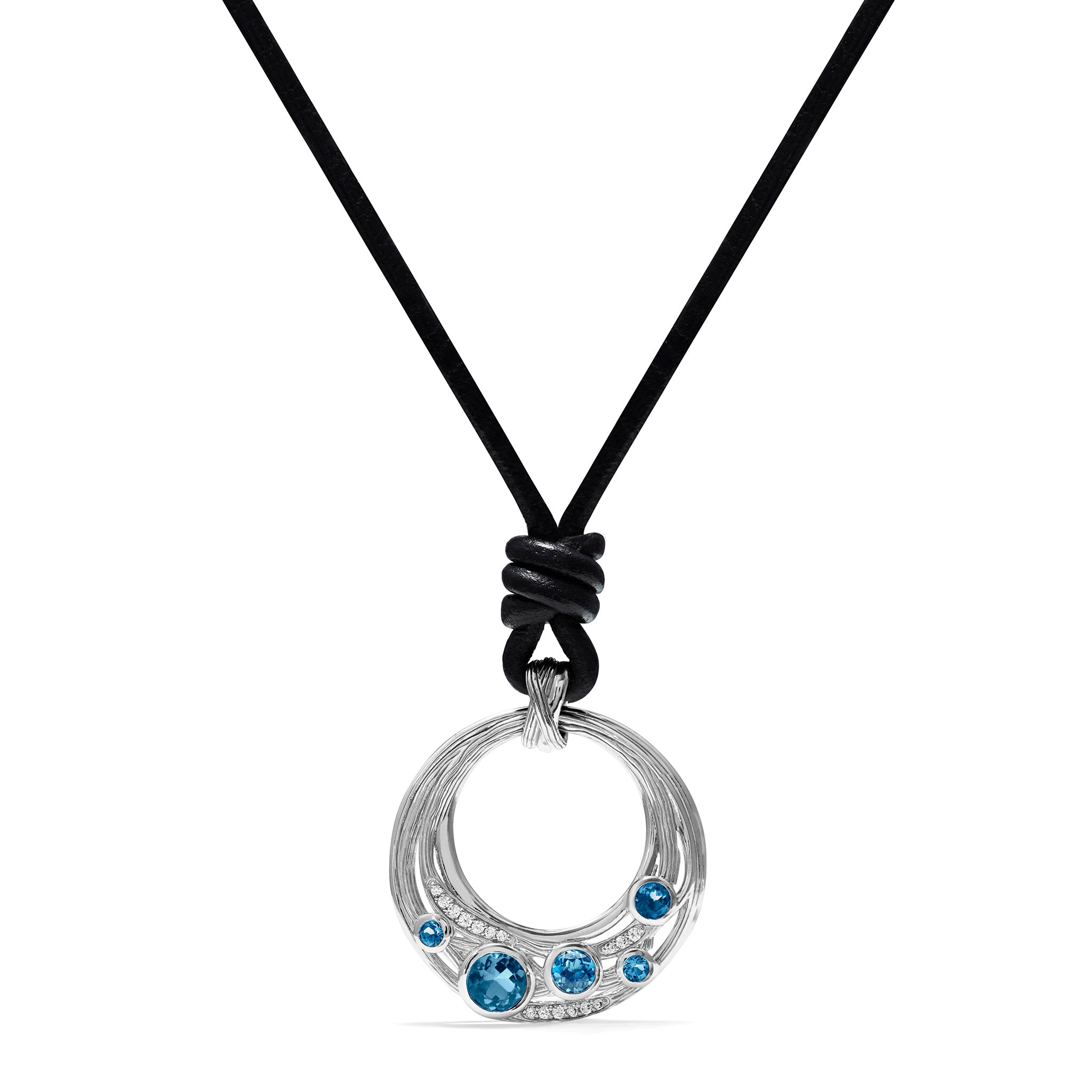Santorini Long Black Leather Cord Necklace With London Blue Topaz And Diamonds