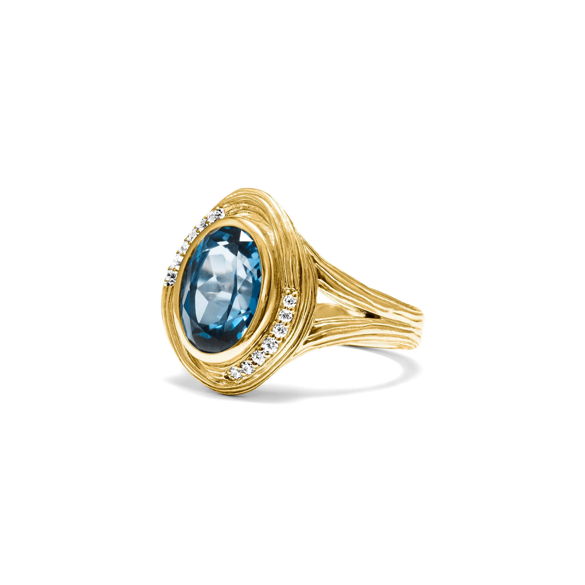 Santorini Oval Ring with London Blue Topaz and Diamonds in 18K