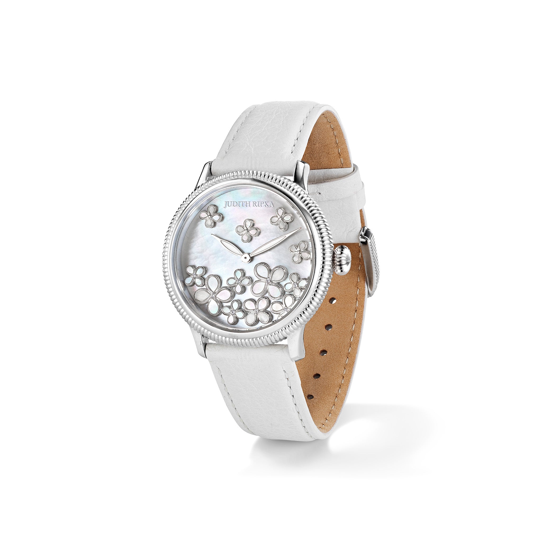 Jardin Watch with Mother of Pearl, Diamonds and White Leather Strap