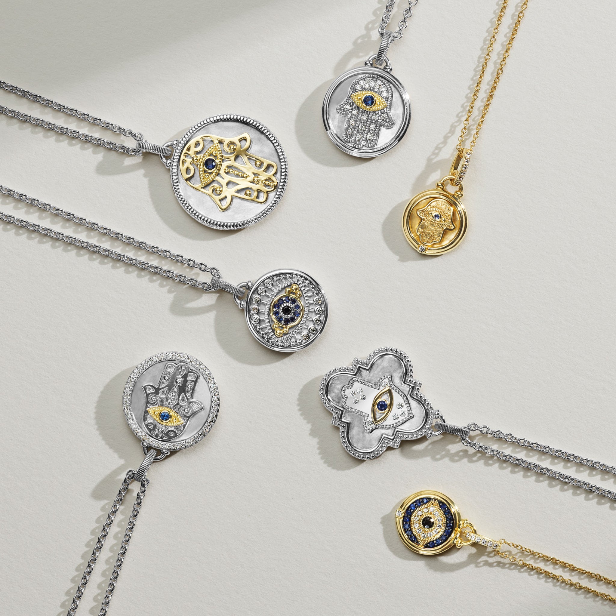 Little Luxuries Long Quatrefoil Hamsa Medallion Necklace with Blue Sapphire, Diamonds and 18K Gold