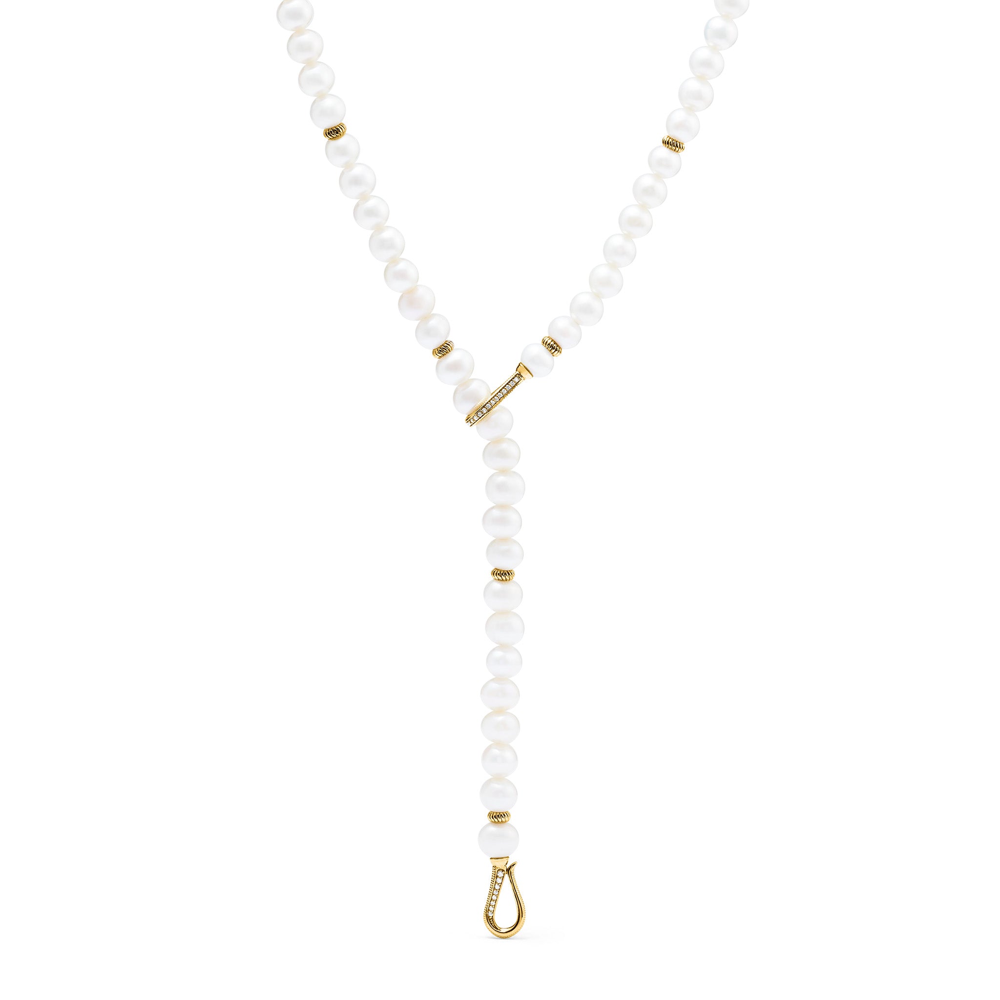 Shima Double Hook Drop Necklace With Freshwater Pearls And Diamonds In 18K