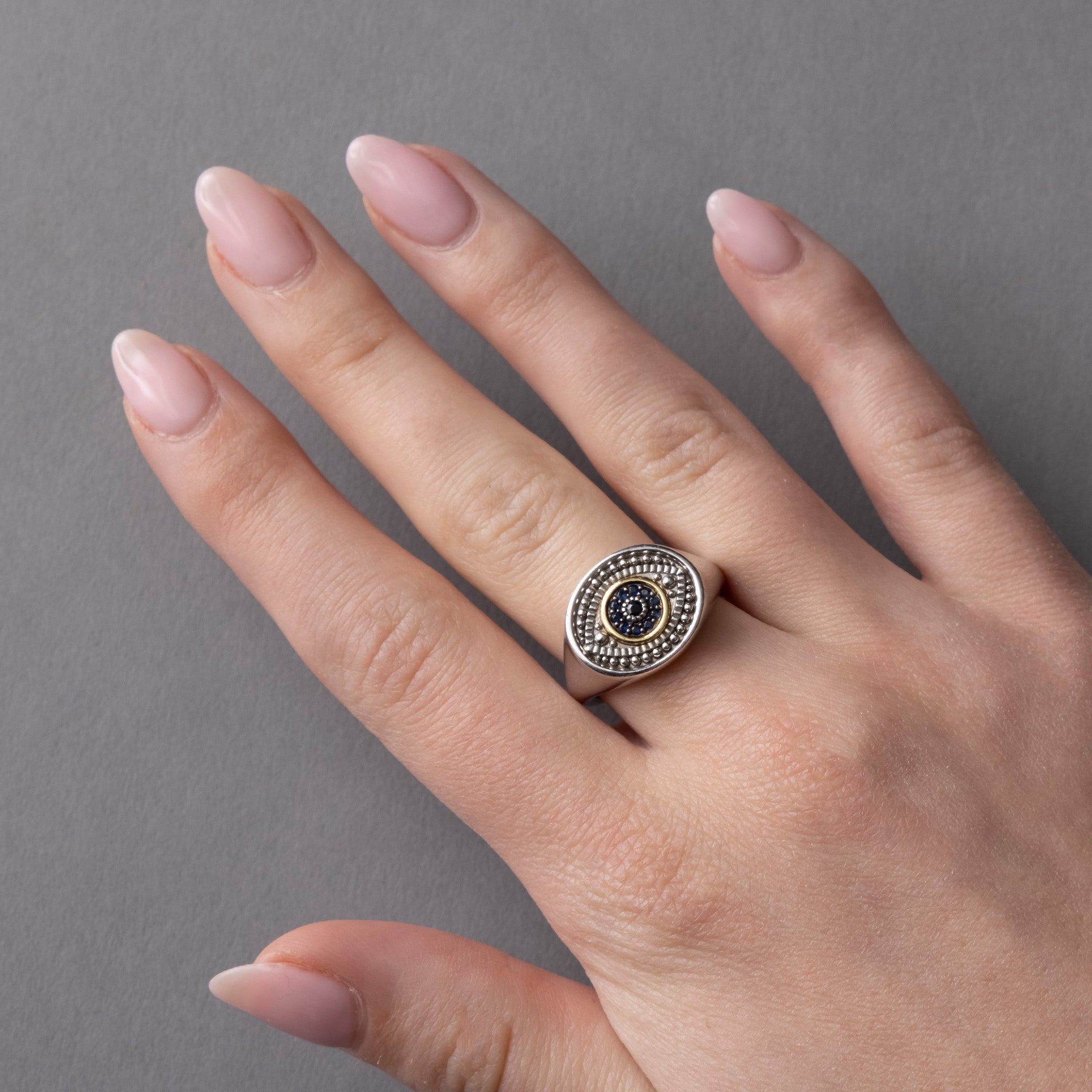 Little Luxuries Evil Eye Signet Ring with Black Sapphire, Blue Sapphire and 18K Gold