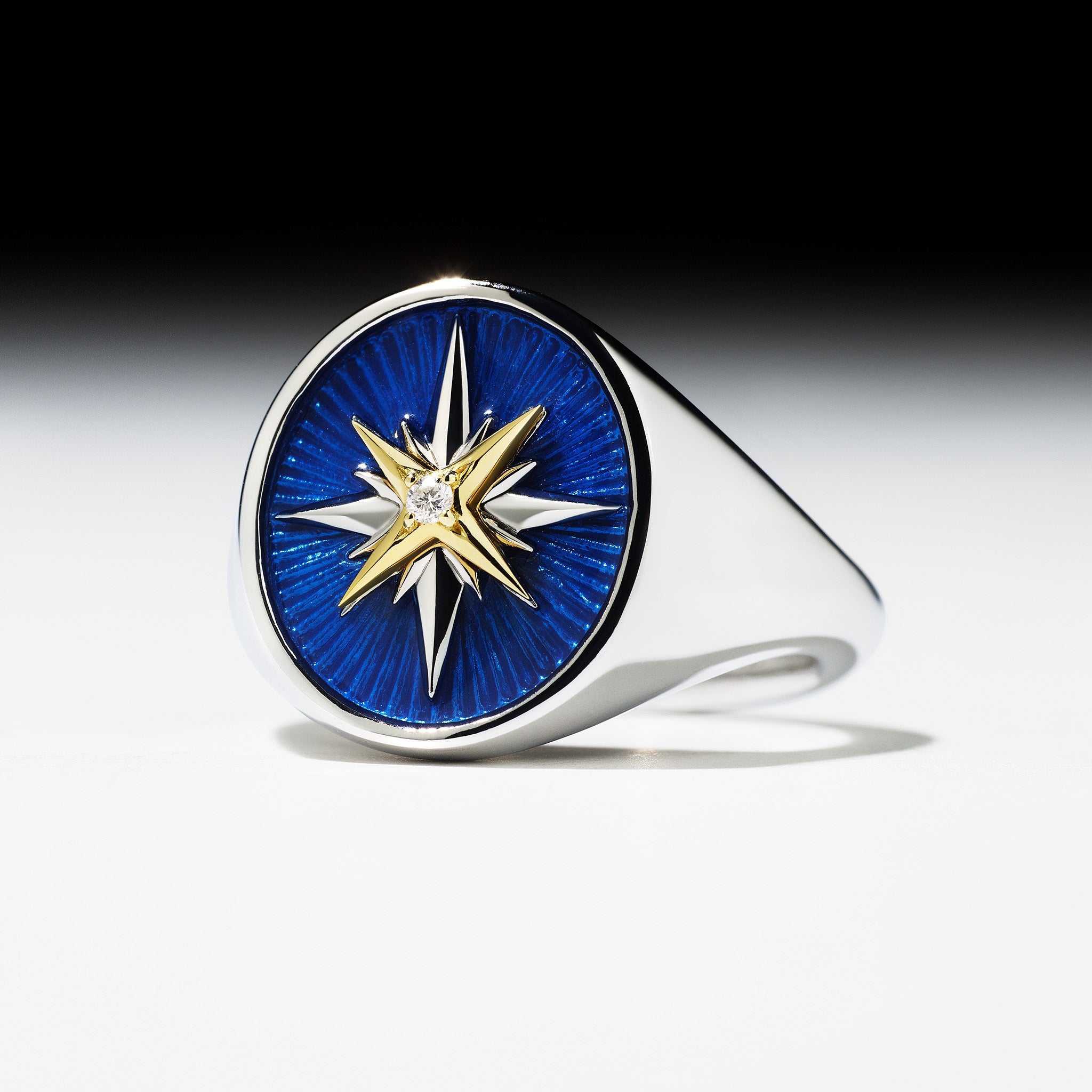 Little Luxuries North Star Signet Ring with Enamel, Diamonds and 18K Gold