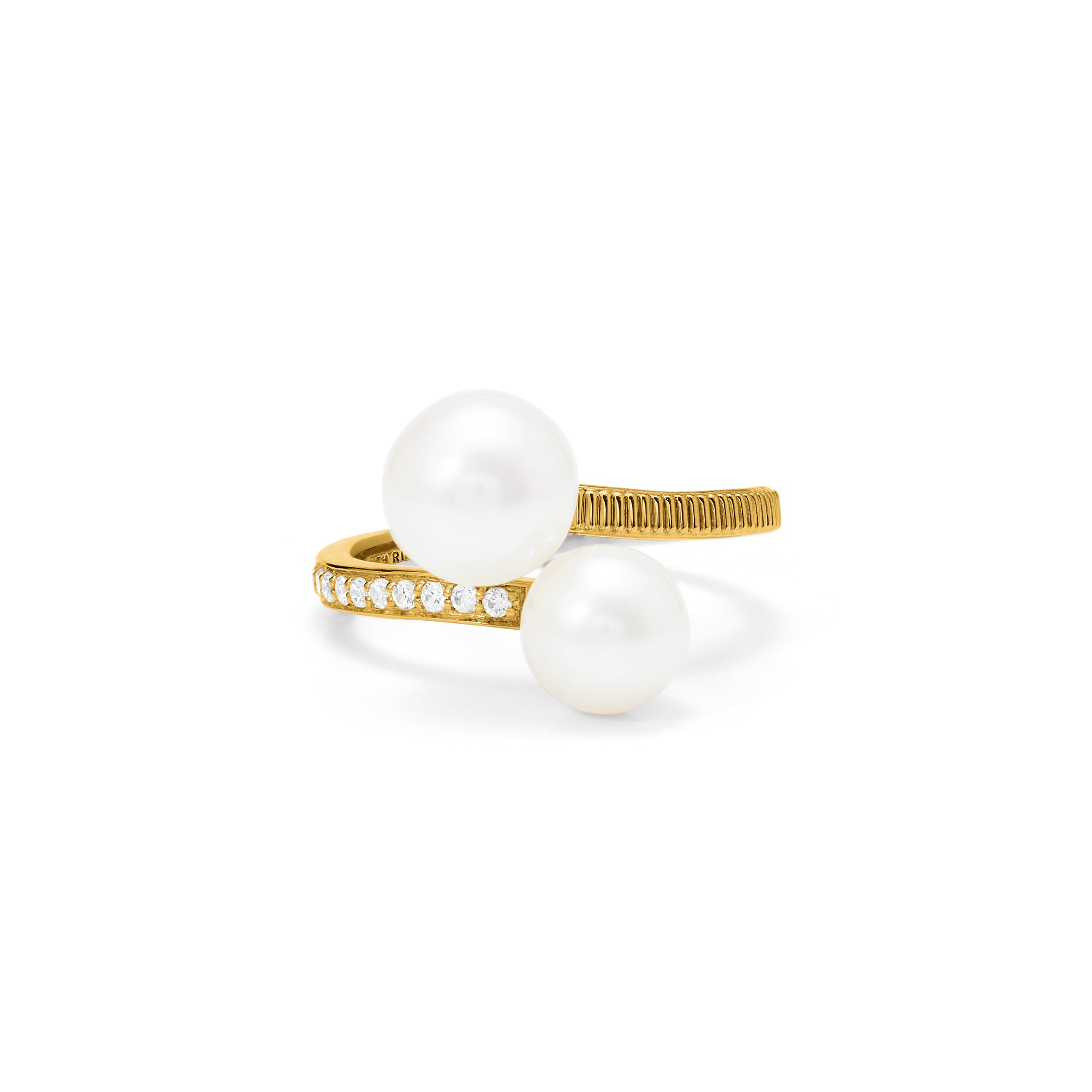 Shima Bypass Ring With Freshwater Pearls And Diamonds In 18K