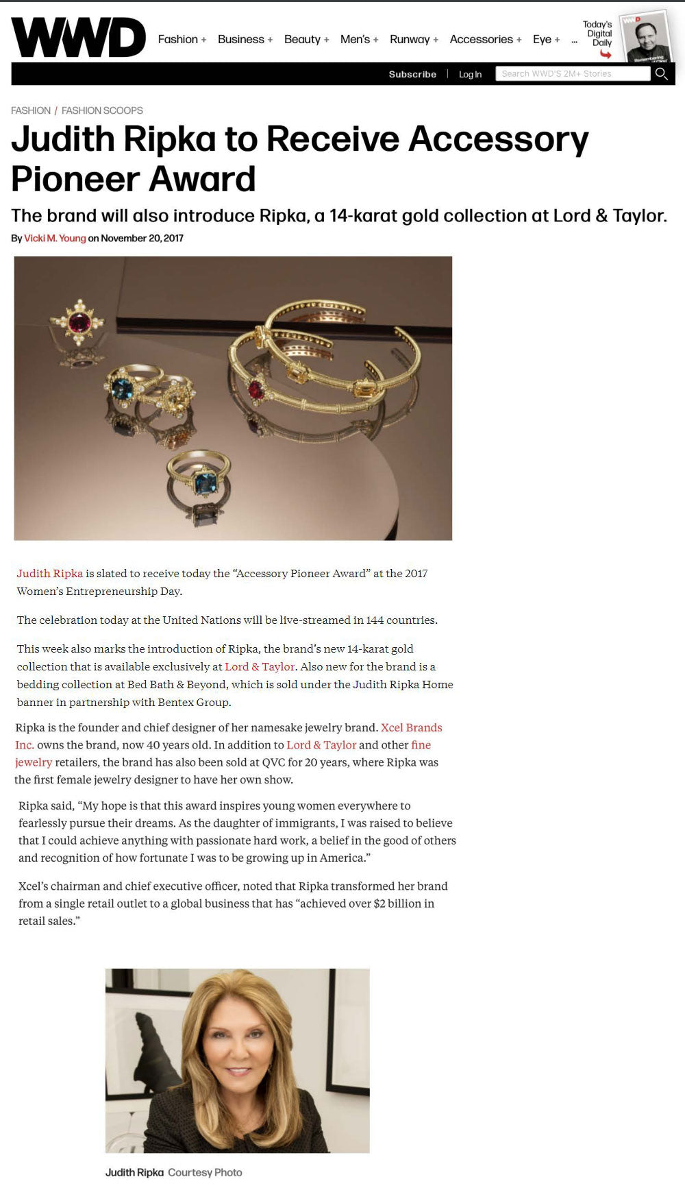Judith Ripka to Receive Accessory Pioneer Award