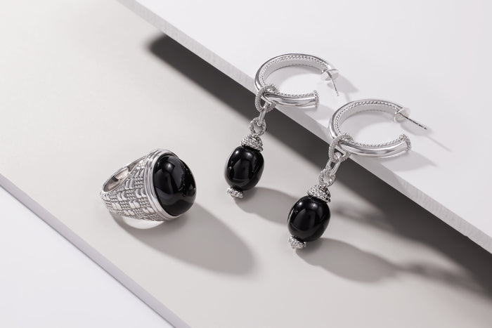 Ocean Reef Drop Hoop Earrings With Black Onyx