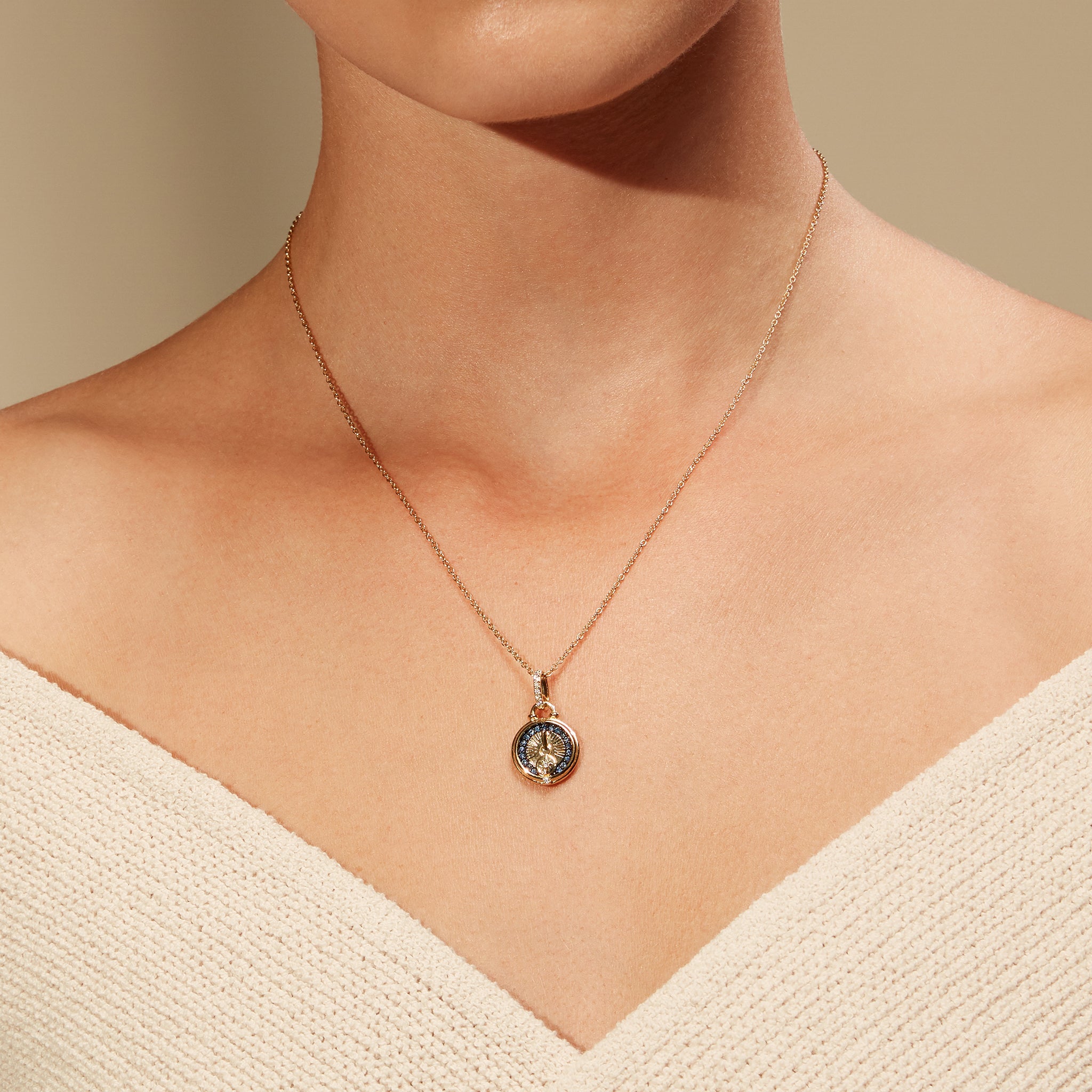 Little Luxuries Sun Dial Medallion Necklace with Blue Sapphire and Diamonds in 18K