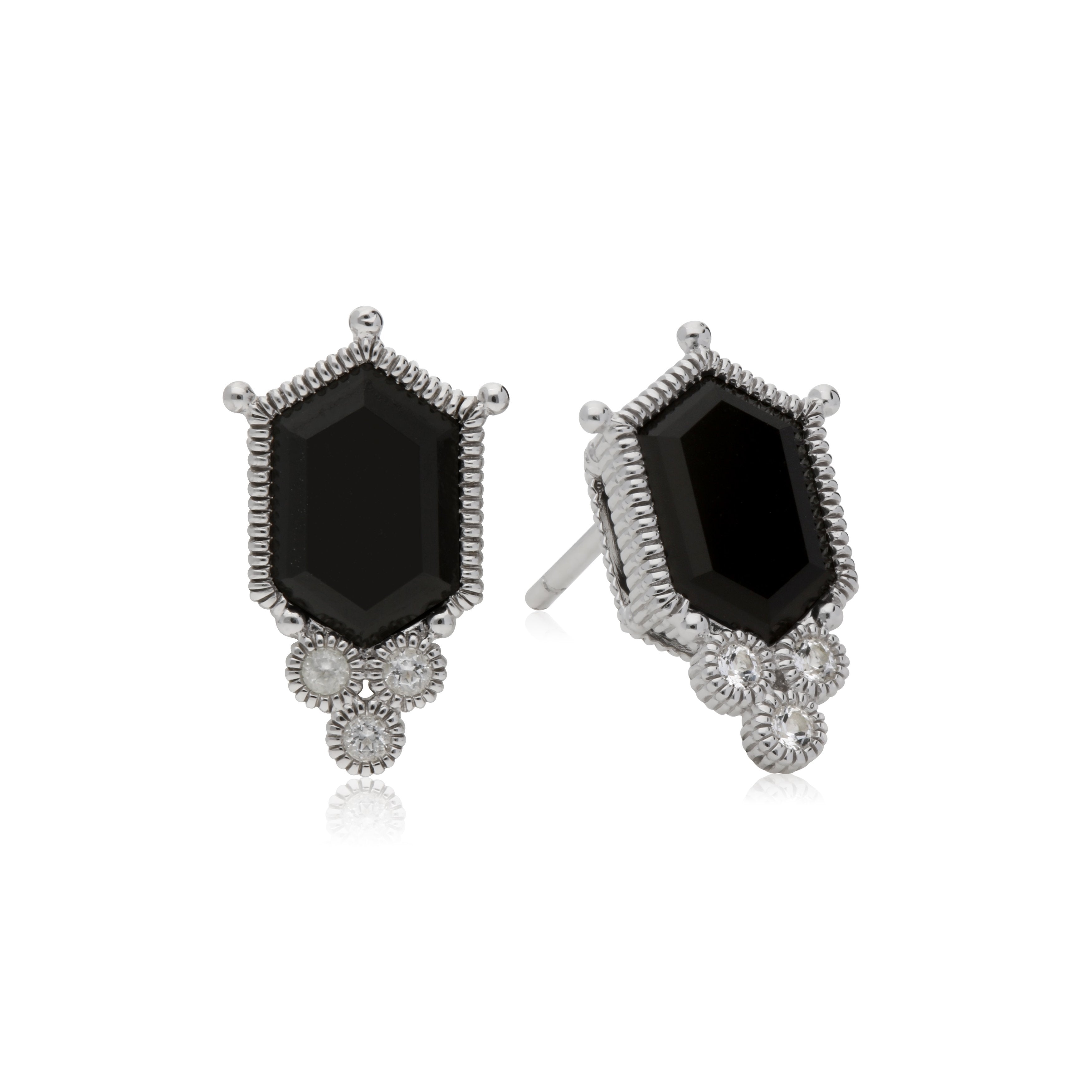 Martinique Black Onyx Hexagon Stud Earrings with White Topaz Accents