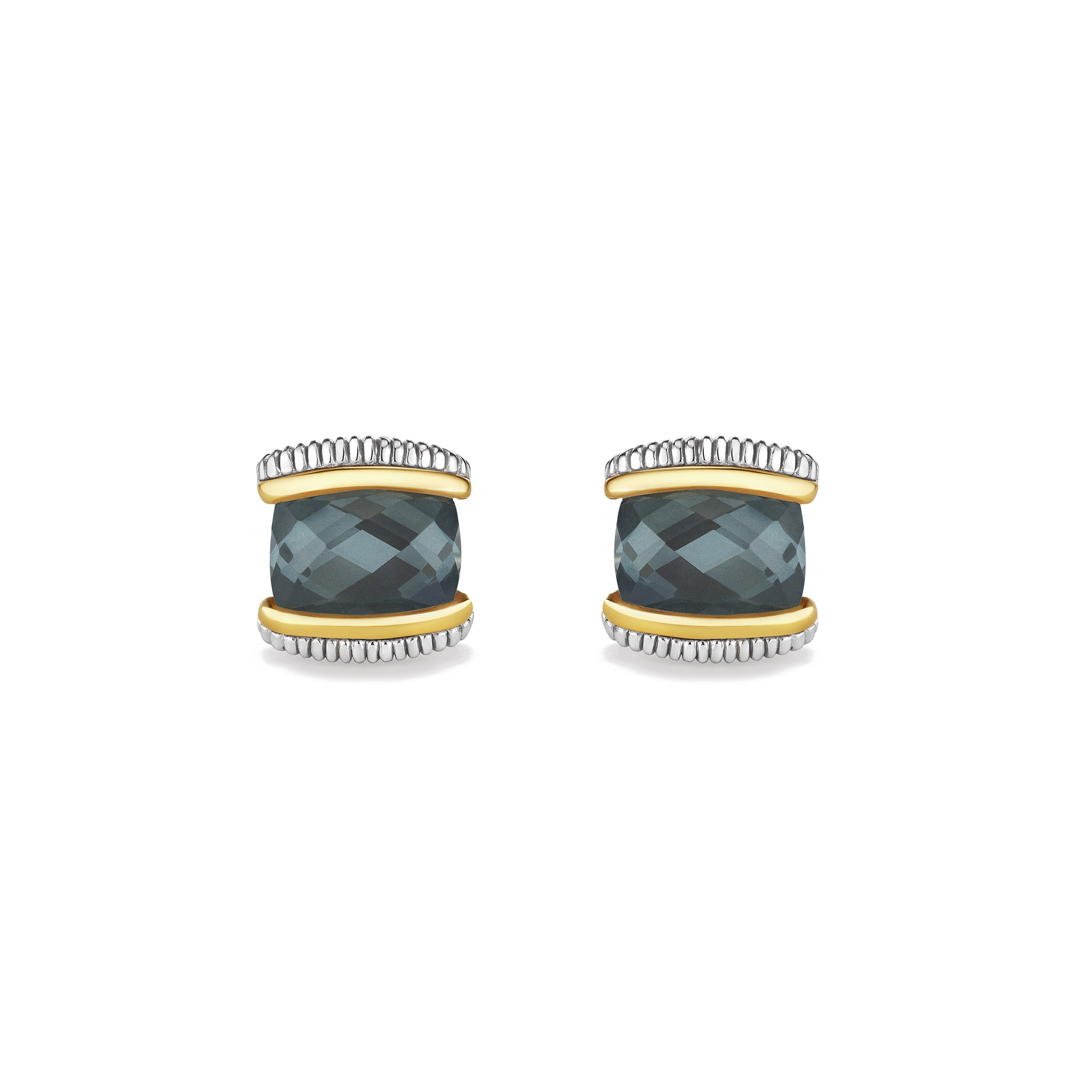 Eternity Stud Earrings with Blue Quartz over Hematite Doublet and 18K Gold