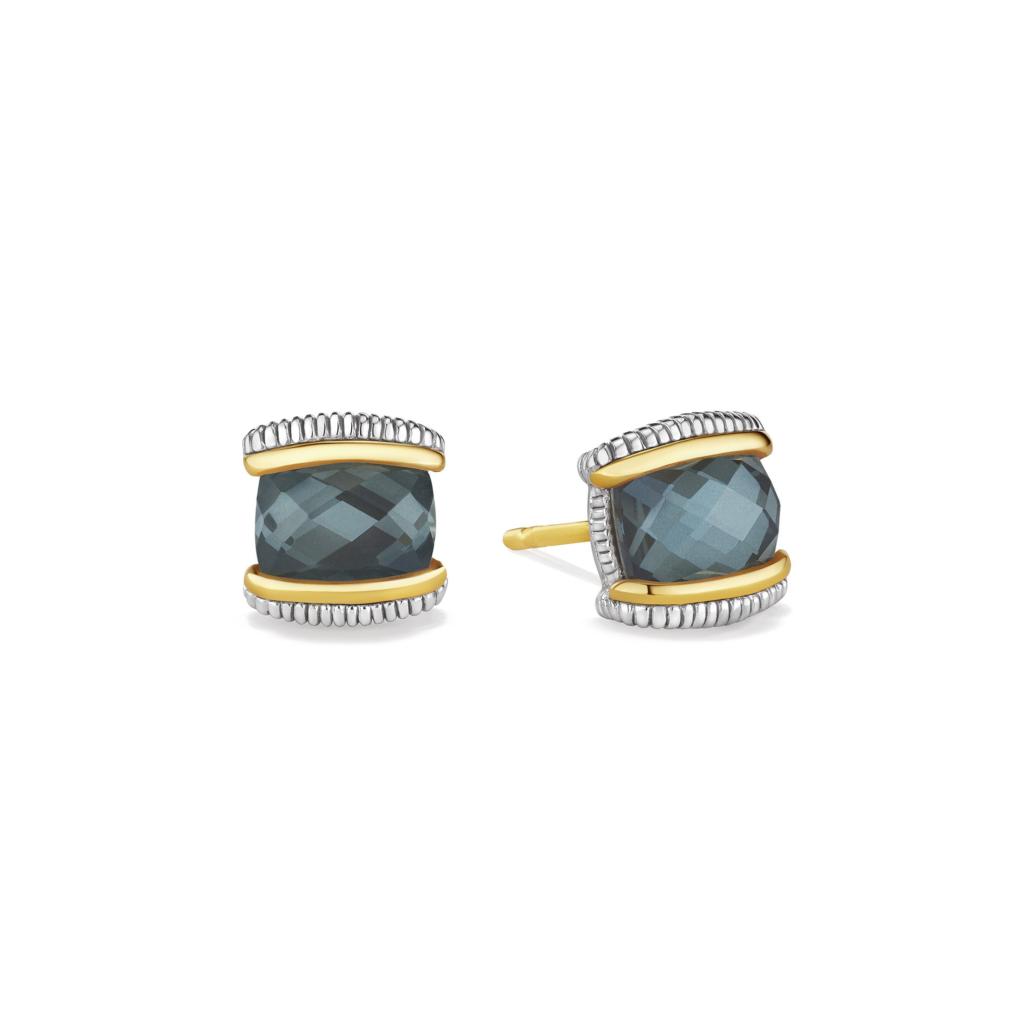Eternity Stud Earrings With Blue Quartz Over Hematite Doublet And 18K Gold