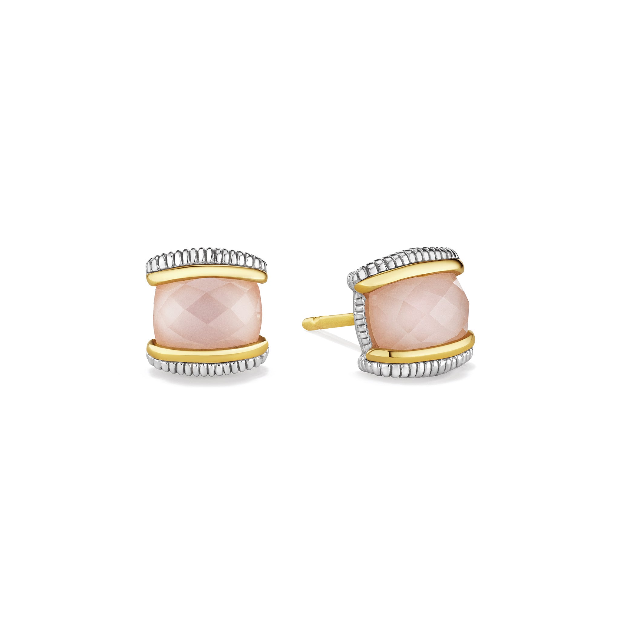 Eternity Stud Earrings With Rose Quartz Over Pink Mother Of Pearl Doublet And 18K Gold