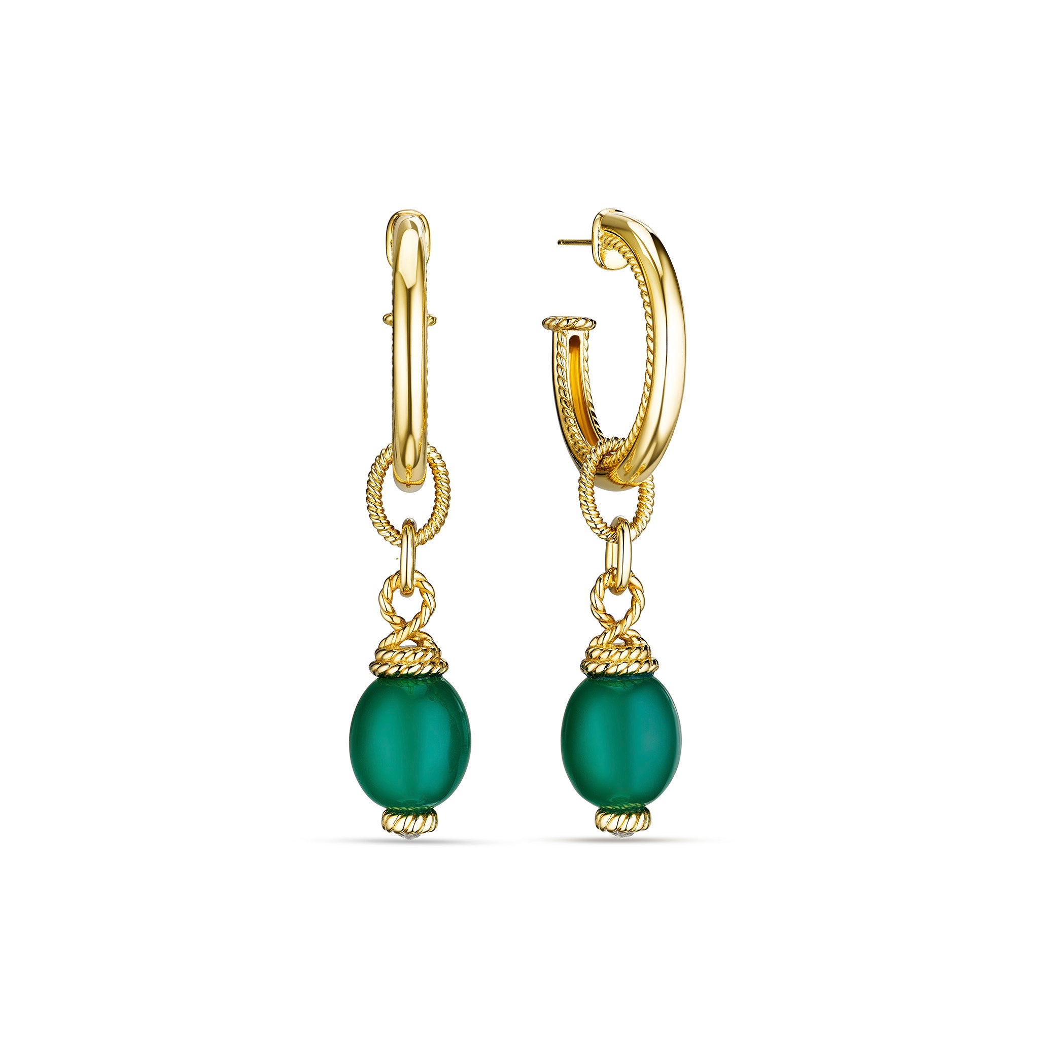 Ocean Reef Drop Hoop Earrings With Green Chalcedony In 18K Gold Vermeil