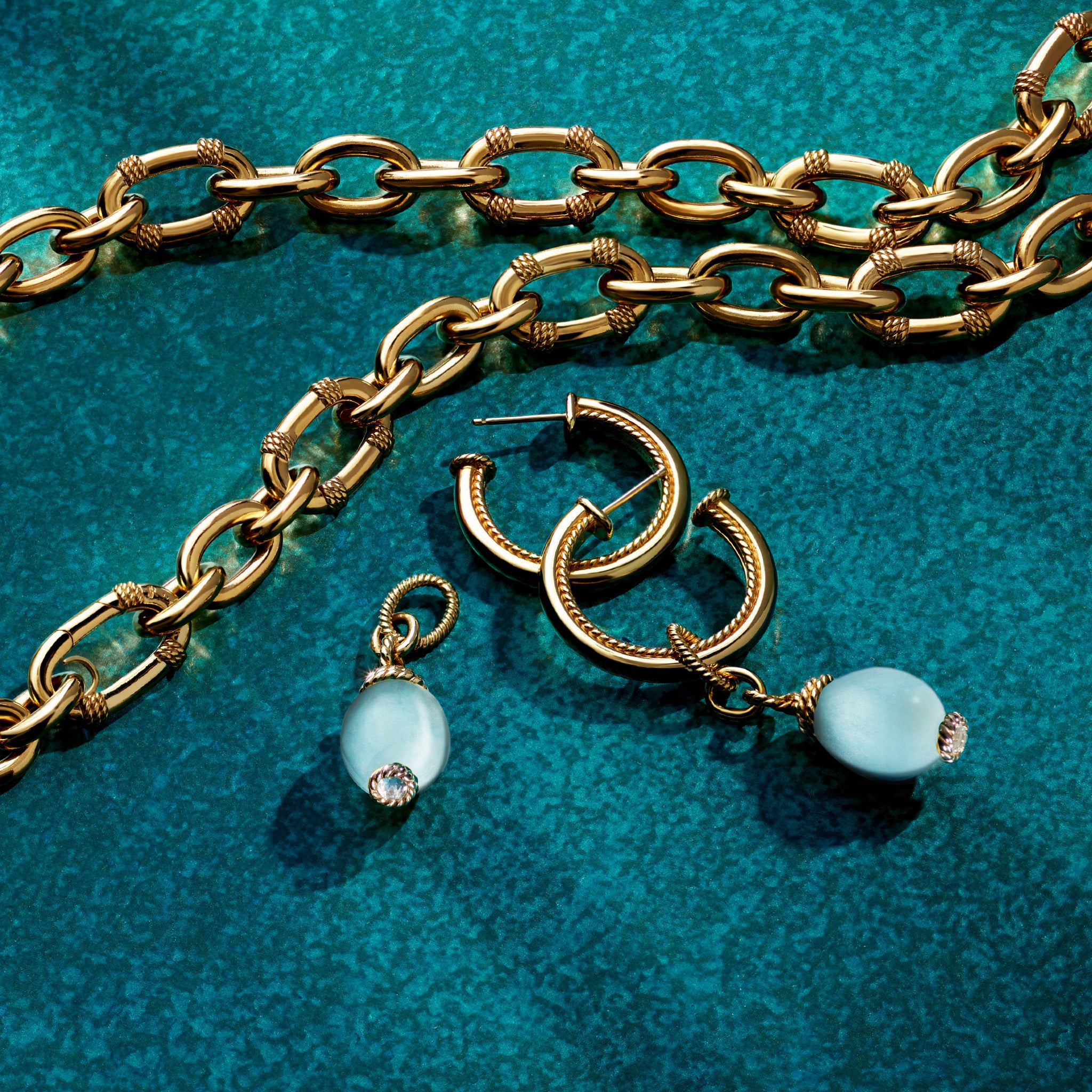 Ocean Reef Drop Hoop Earrings with Aquamarine in 18K Gold Vermeil