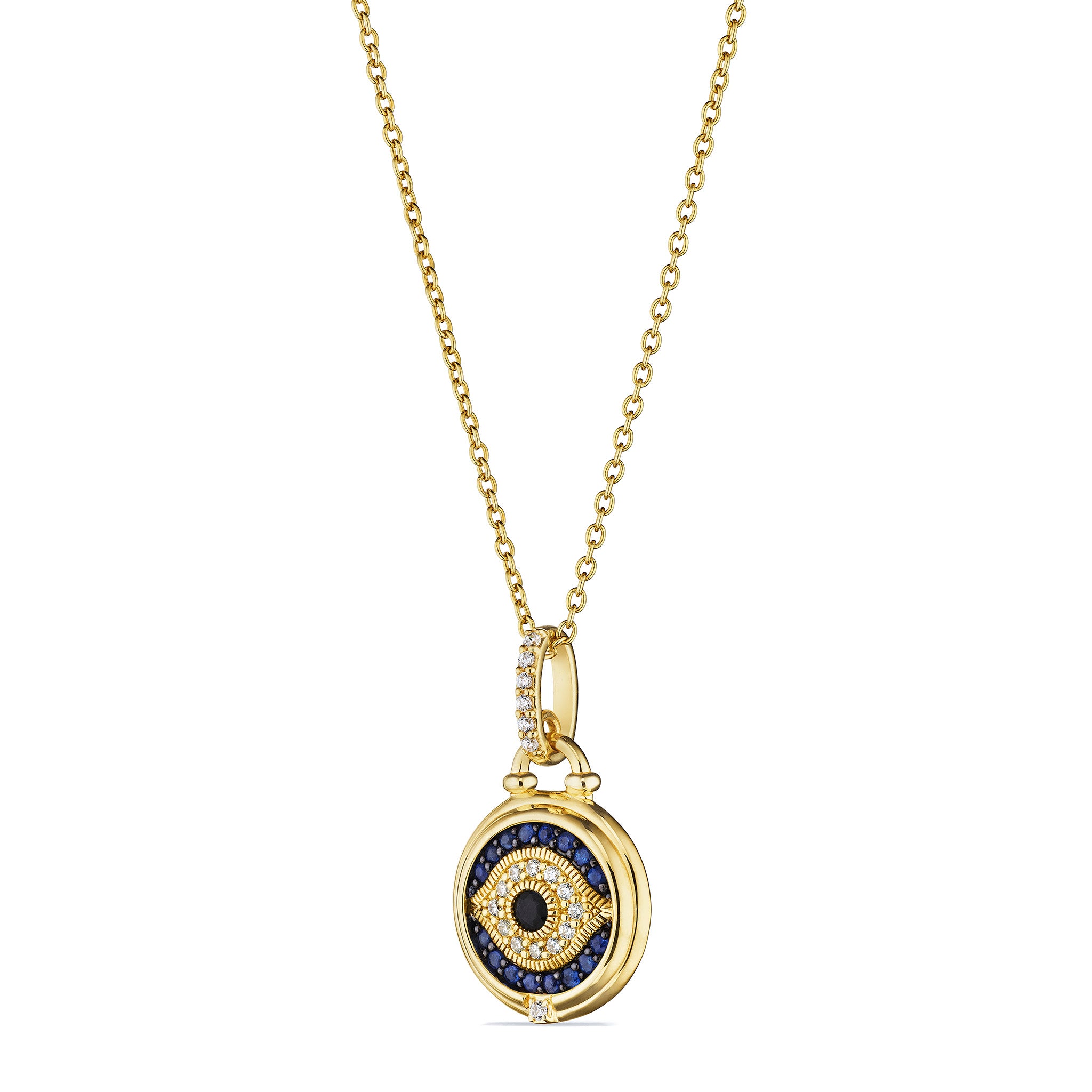 Little Luxuries Evil Eye Medallion Necklace with Black Sapphire, Blue Sapphire and Diamonds in 18K