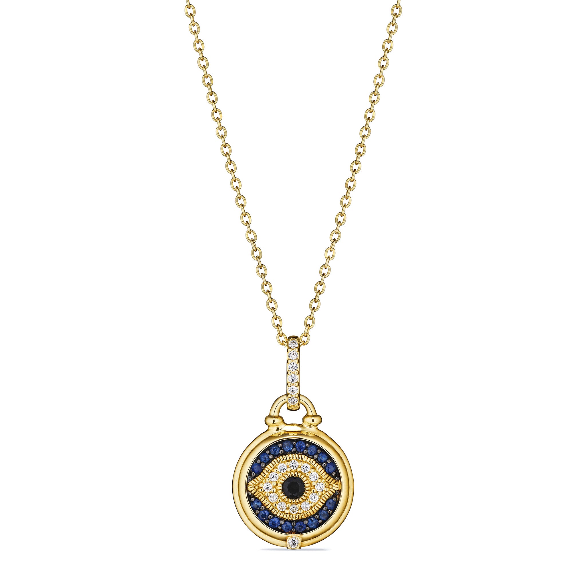 Little Luxuries Evil Eye Medallion Necklace With Black Sapphire, Blue Sapphire And Diamonds In 18K