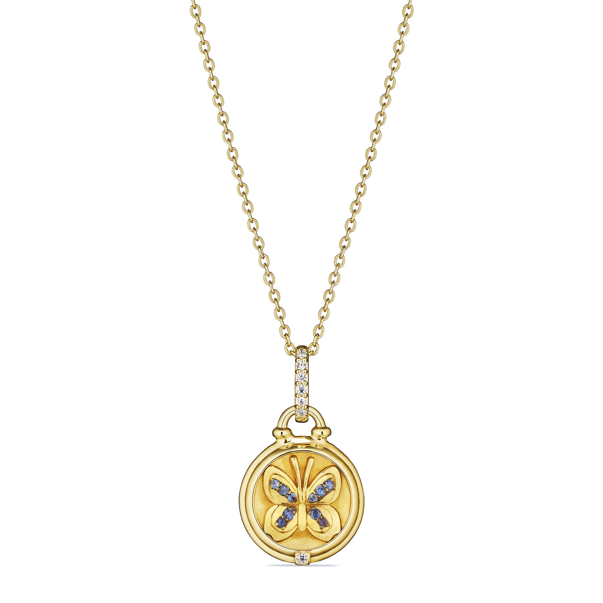 Little Luxuries Butterfly Medallion Necklace With Blue Sapphire And Diamonds In 18K