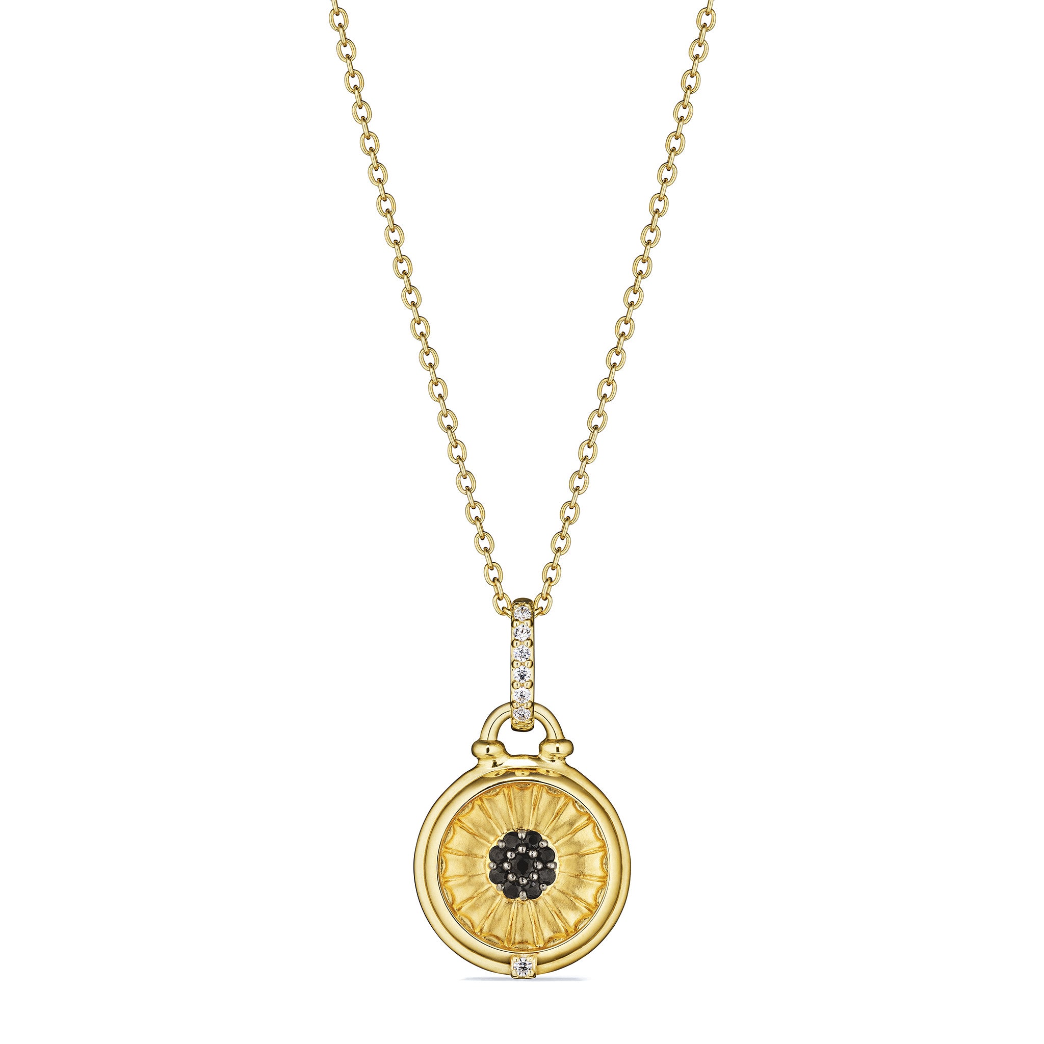 Little Luxuries Sunflower Medallion Necklace with Black Spinel and Diamonds in 18K