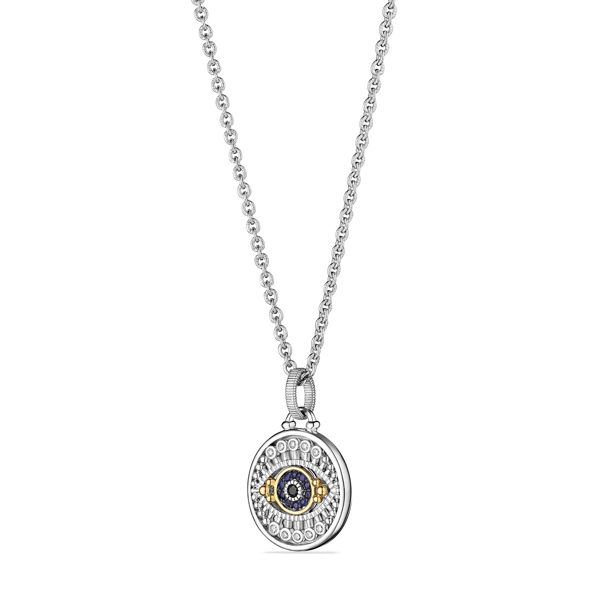 Little Luxuries Evil Eye Medallion Necklace with Black Sapphire, Blue Sapphire, Diamonds and 18K Gold