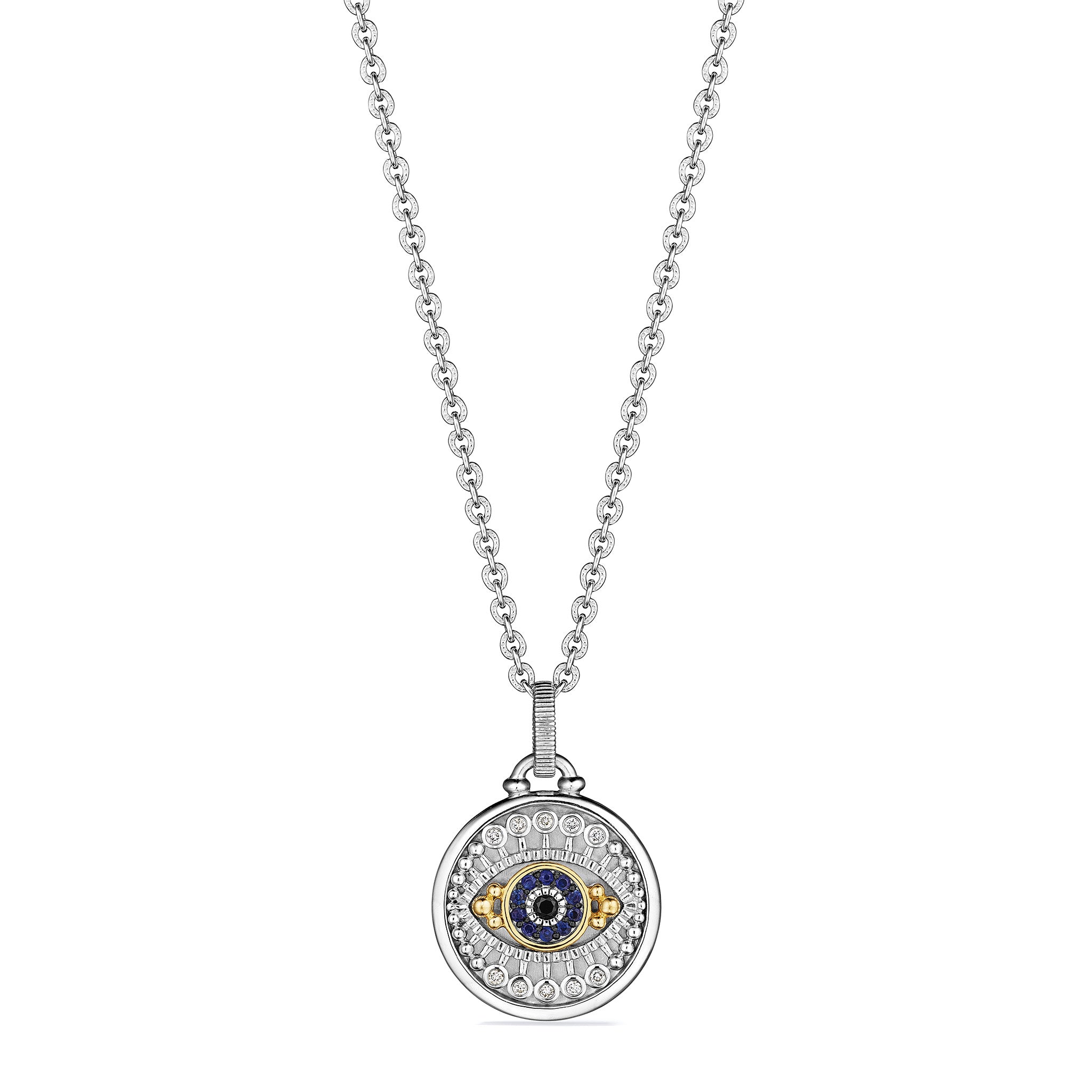 Little Luxuries Evil Eye Medallion Necklace With Black Sapphire, Blue Sapphire, Diamonds And 18K Gold