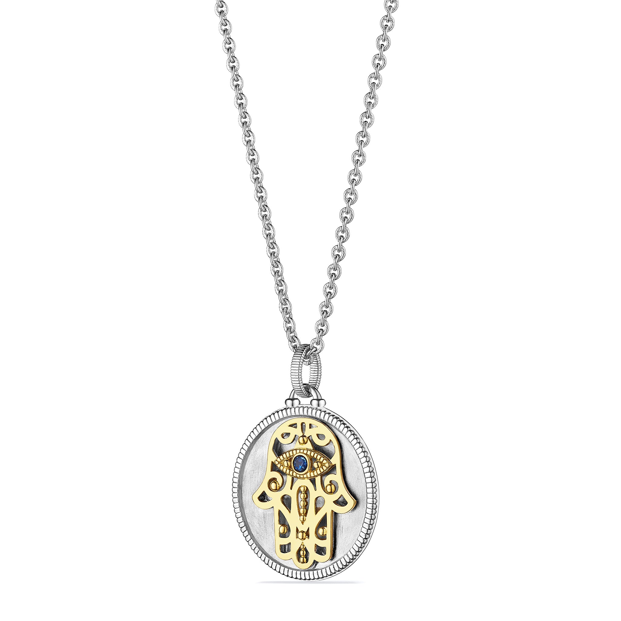 Little Luxuries Long Hamsa Medallion Necklace with Blue Sapphire, Diamonds and 18K Gold