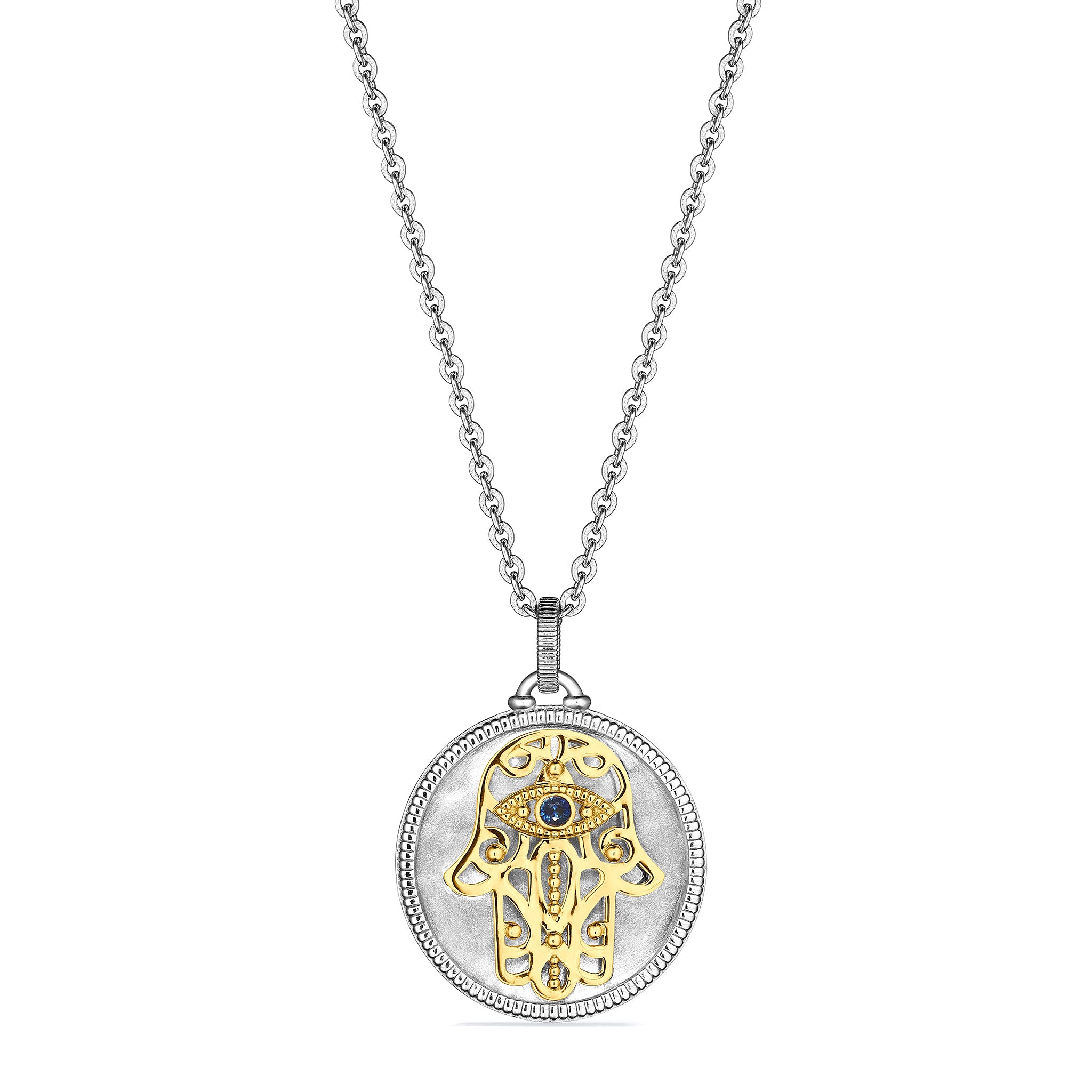 Little Luxuries Long Hamsa Medallion Necklace With Blue Sapphire, Diamonds And 18K Gold