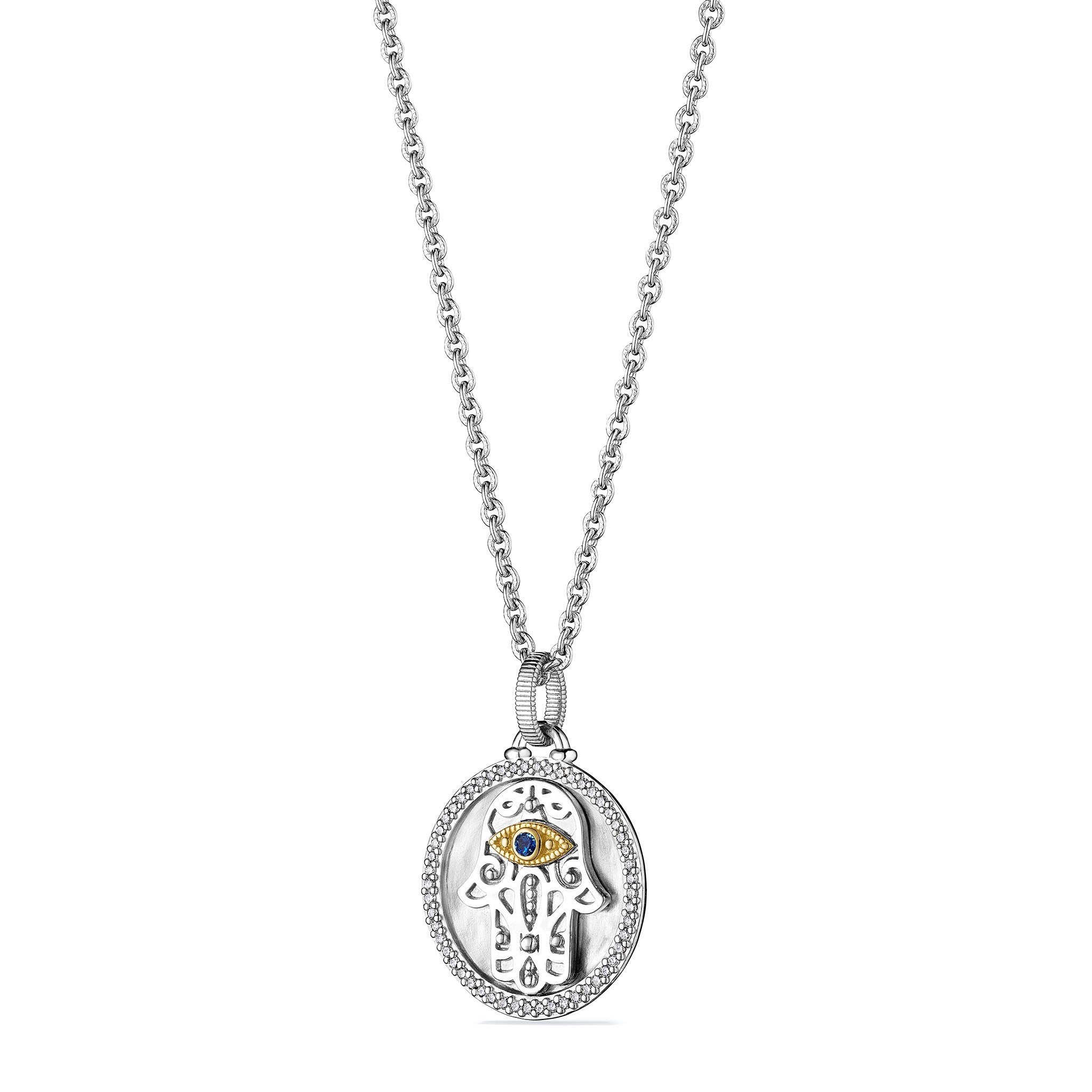 Little Luxuries Hamsa Medallion Necklace with Blue Sapphire, Diamonds and 18K Gold