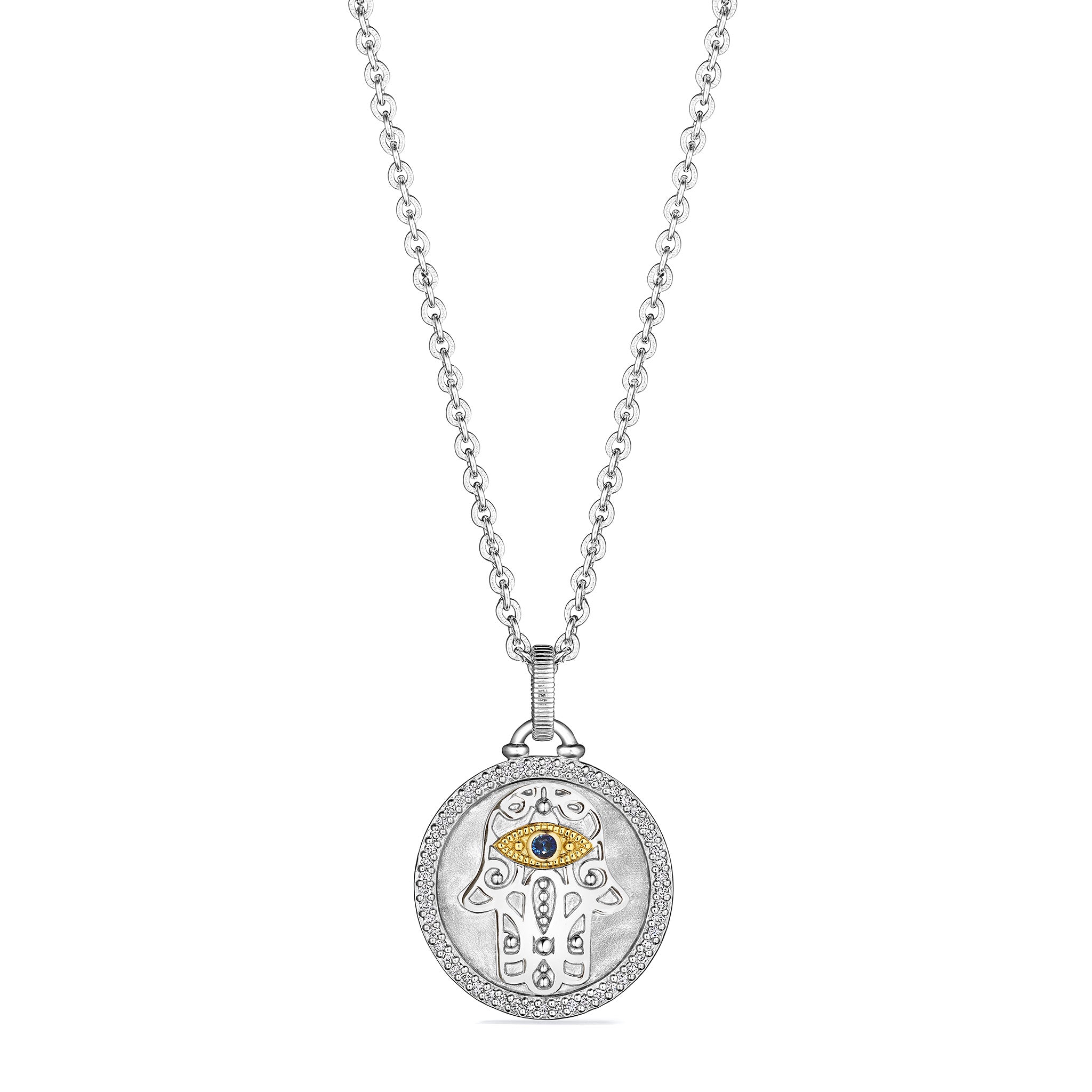 Little Luxuries Hamsa Medallion Necklace With Blue Sapphire, Diamonds And 18K Gold