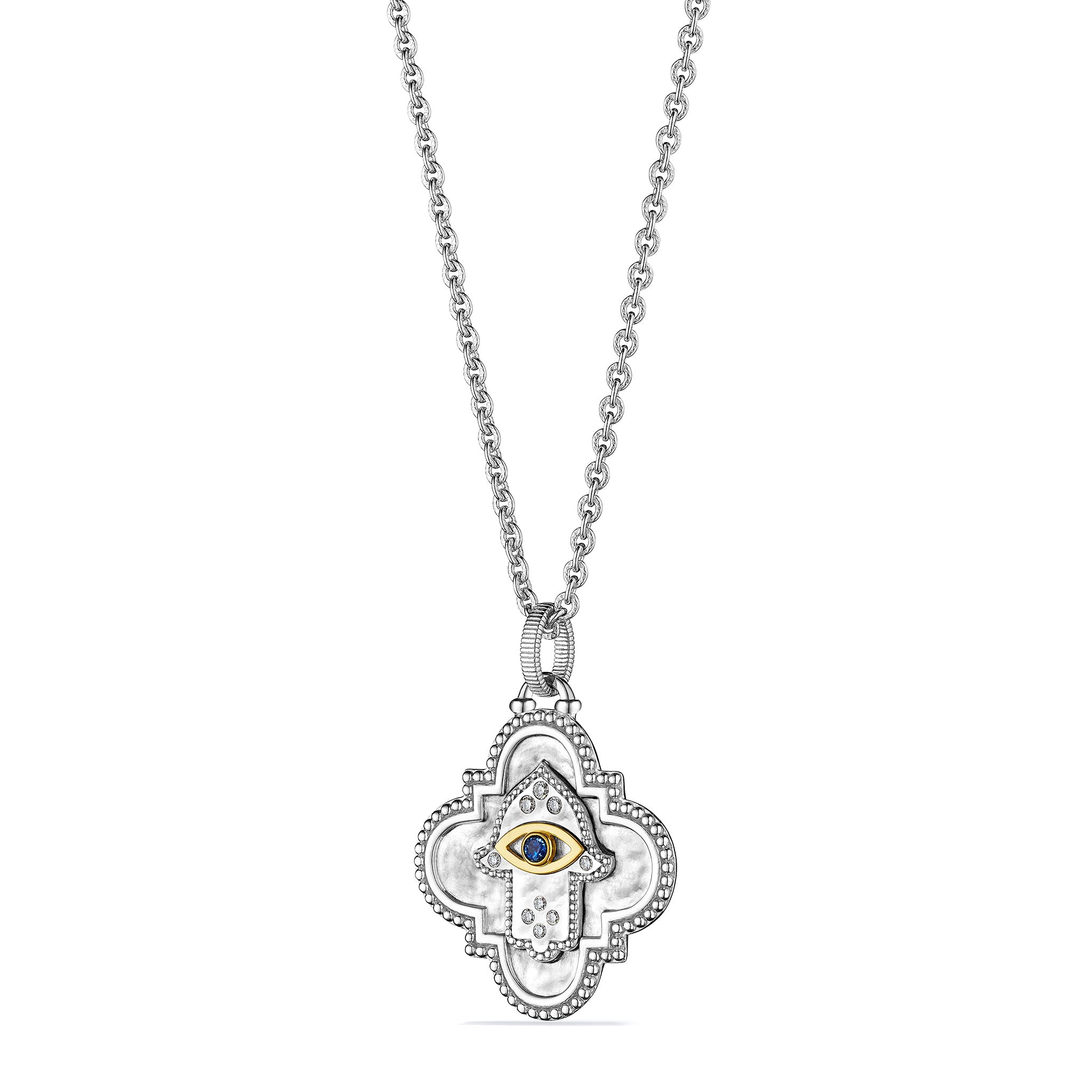 Little Luxuries Long Quatrefoil Hamsa Medallion Necklace with Blue Sapphire, Diamonds and 18K Gold