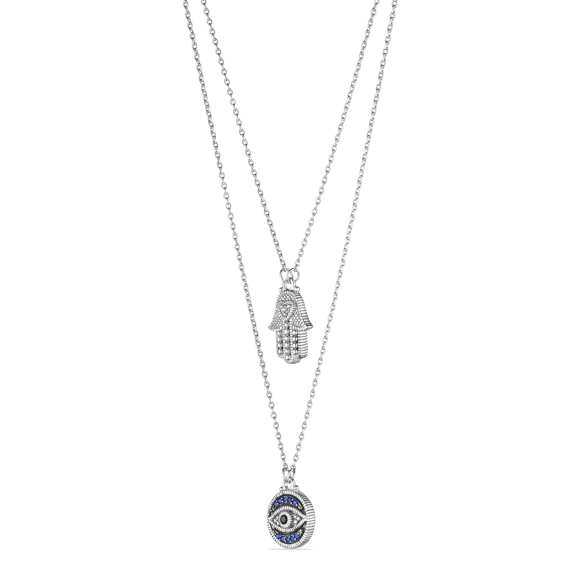 Little Luxuries Evil Eye and Hamsa Layered Necklace with Black Sapphire, Blue Sapphire and Diamonds