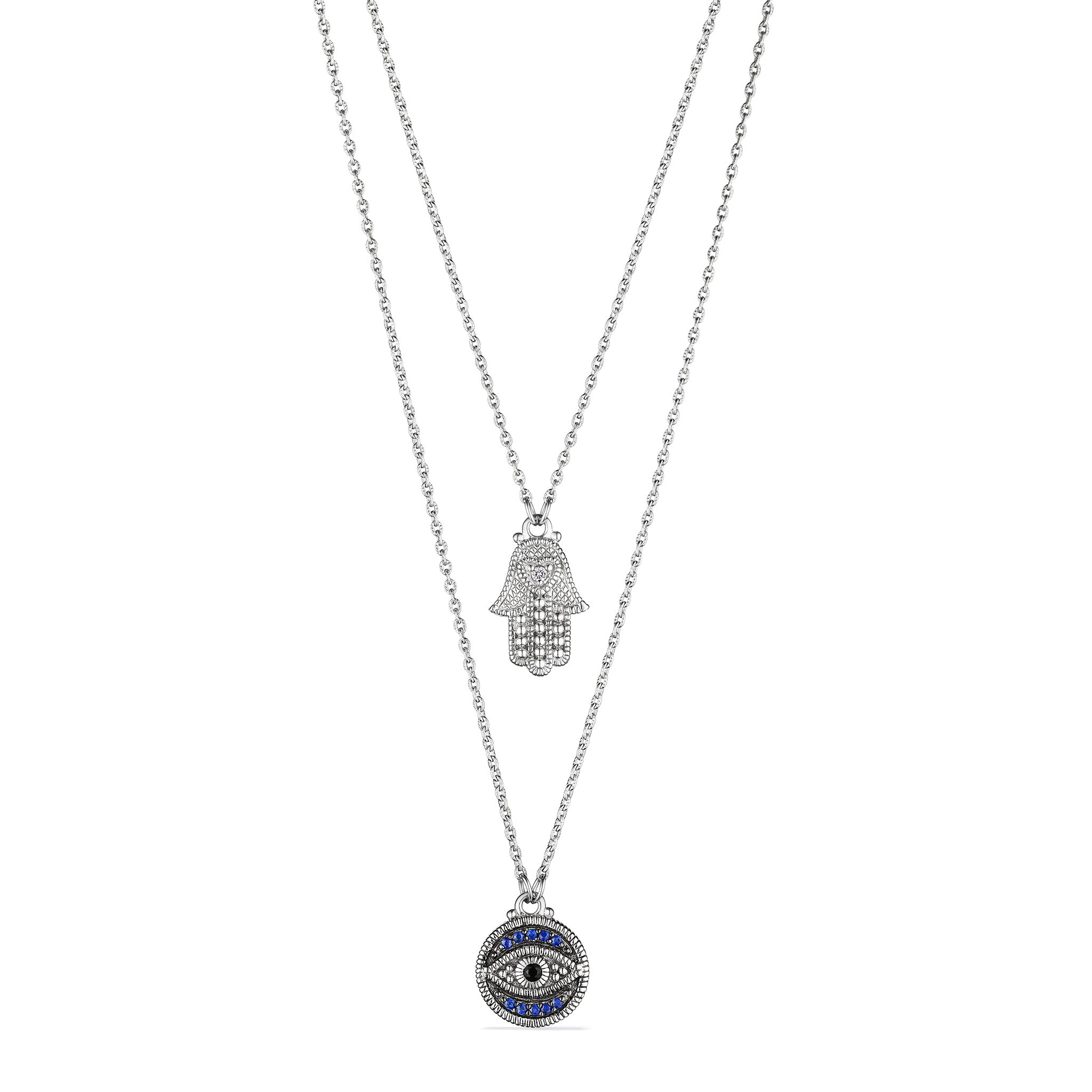 Little Luxuries Evil Eye And Hamsa Layered Necklace With Black Sapphire, Blue Sapphire And Diamonds