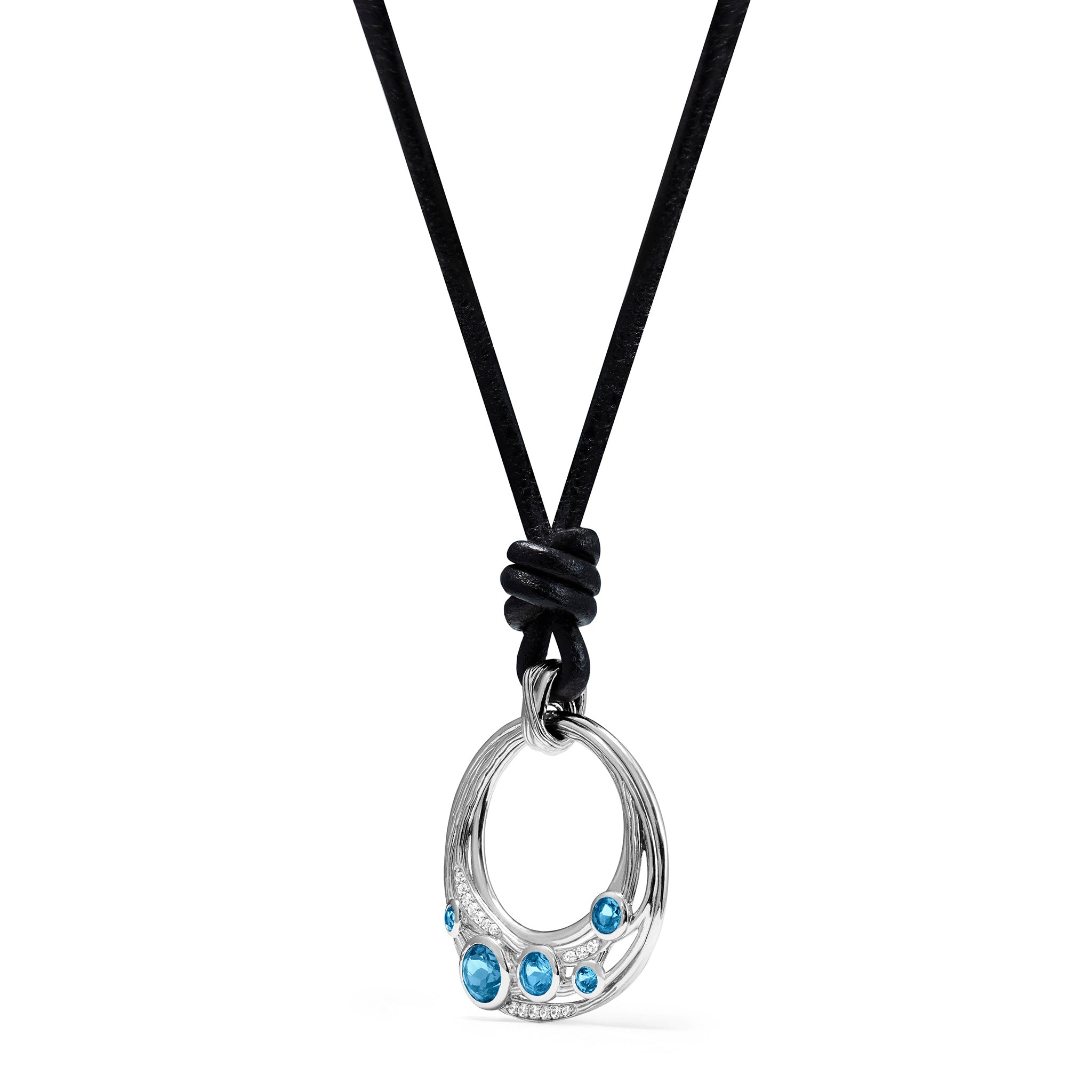Santorini Long Black Leather Cord Necklace with London Blue Topaz and Diamonds