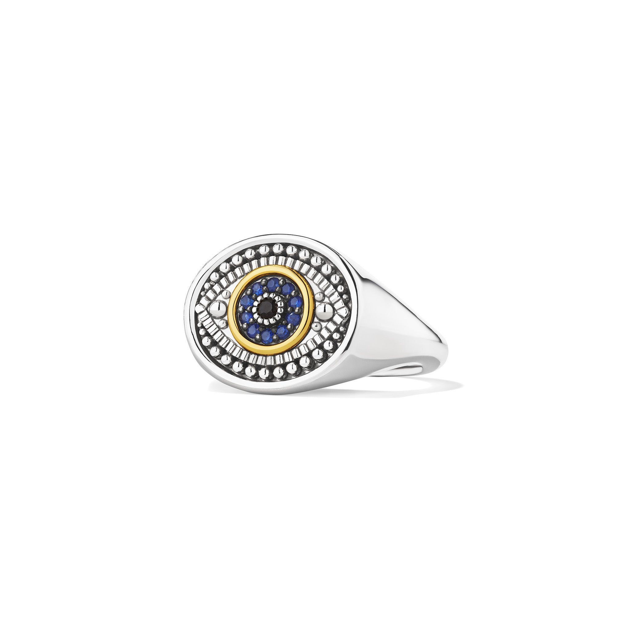 Little Luxuries Evil Eye Signet Ring with Black Sapphire, Blue Sapphire and 18K Gold