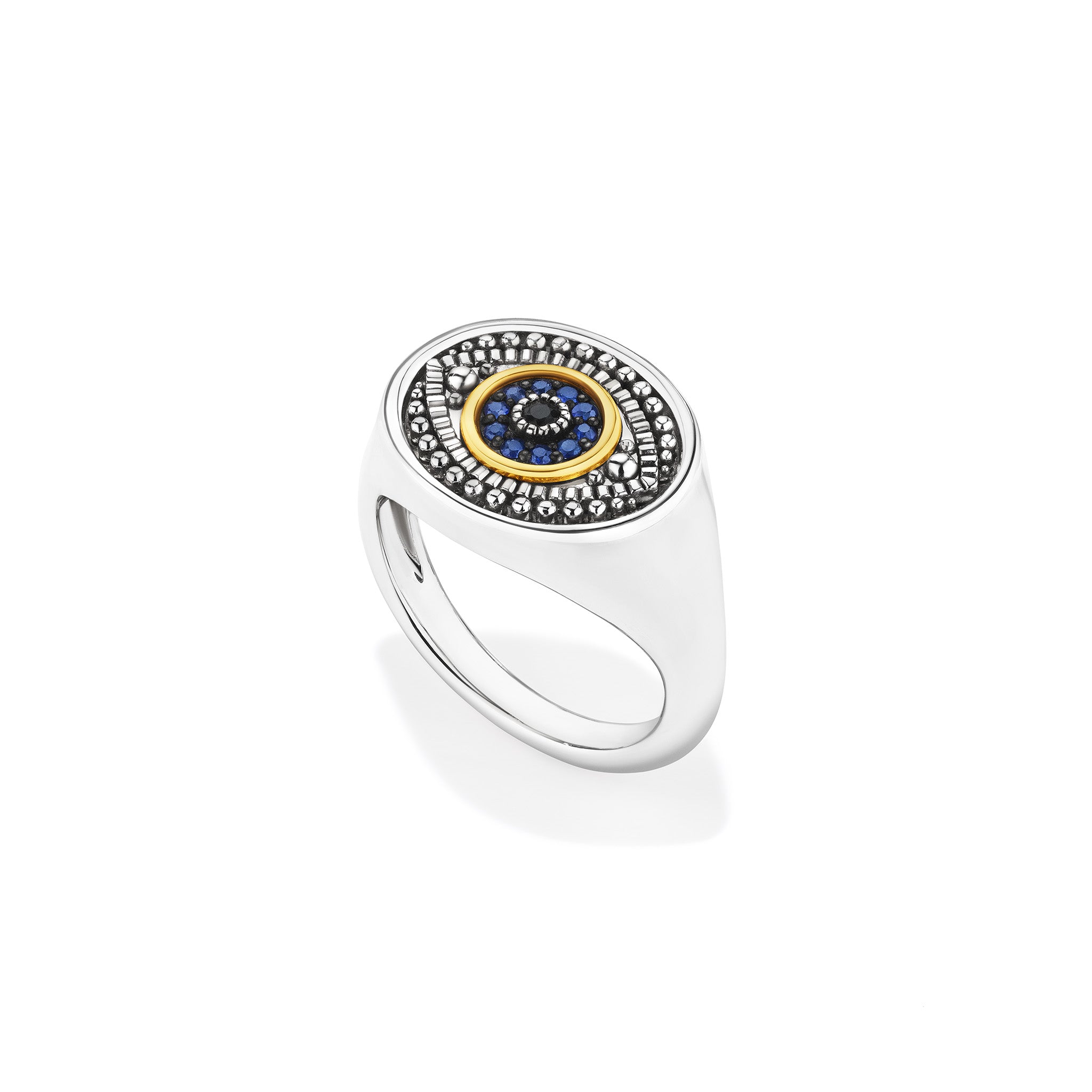 Little Luxuries Evil Eye Signet Ring with Black Sapphire, Blue Sapphire and 18K Gold