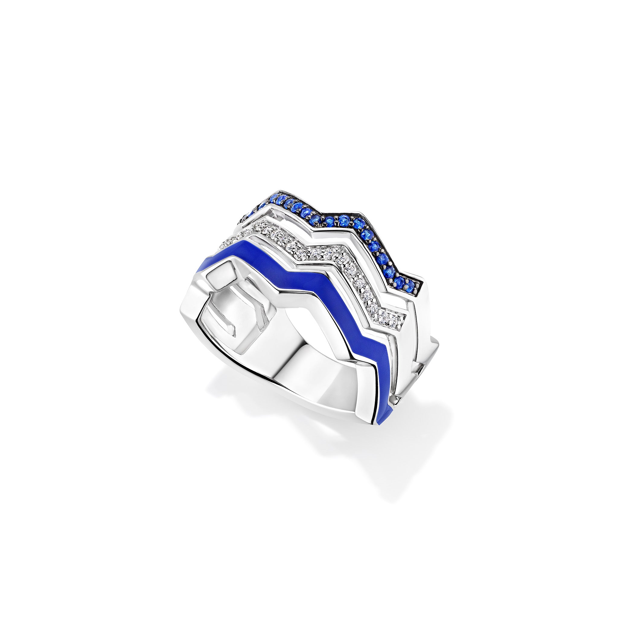 Odyssey Chevron Band Ring with Enamel, Blue Sapphire and Diamonds