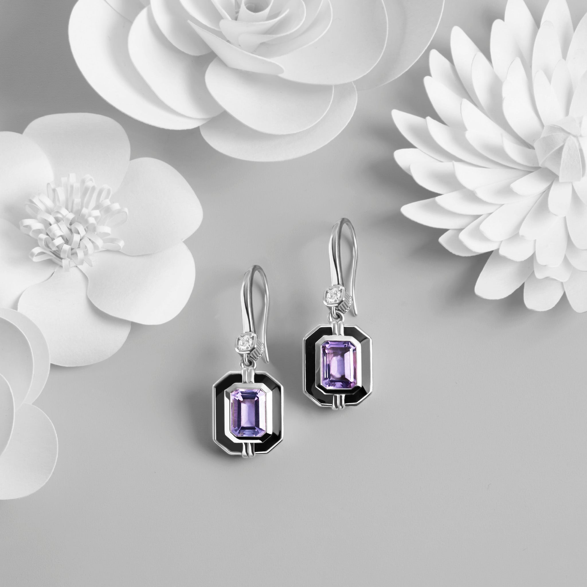 Adrienne Drop Earrings with Enamel, Amethyst and Diamonds