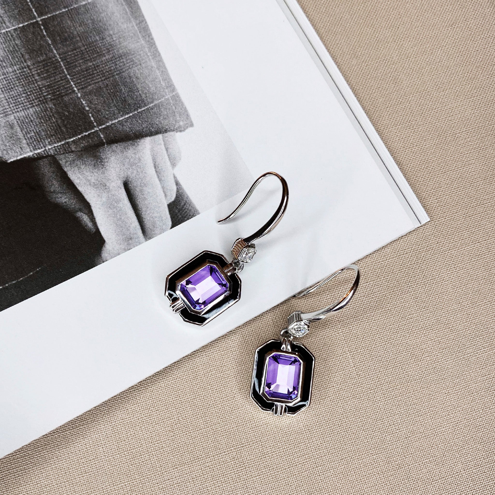 Adrienne Drop Earrings with Enamel, Amethyst and Diamonds