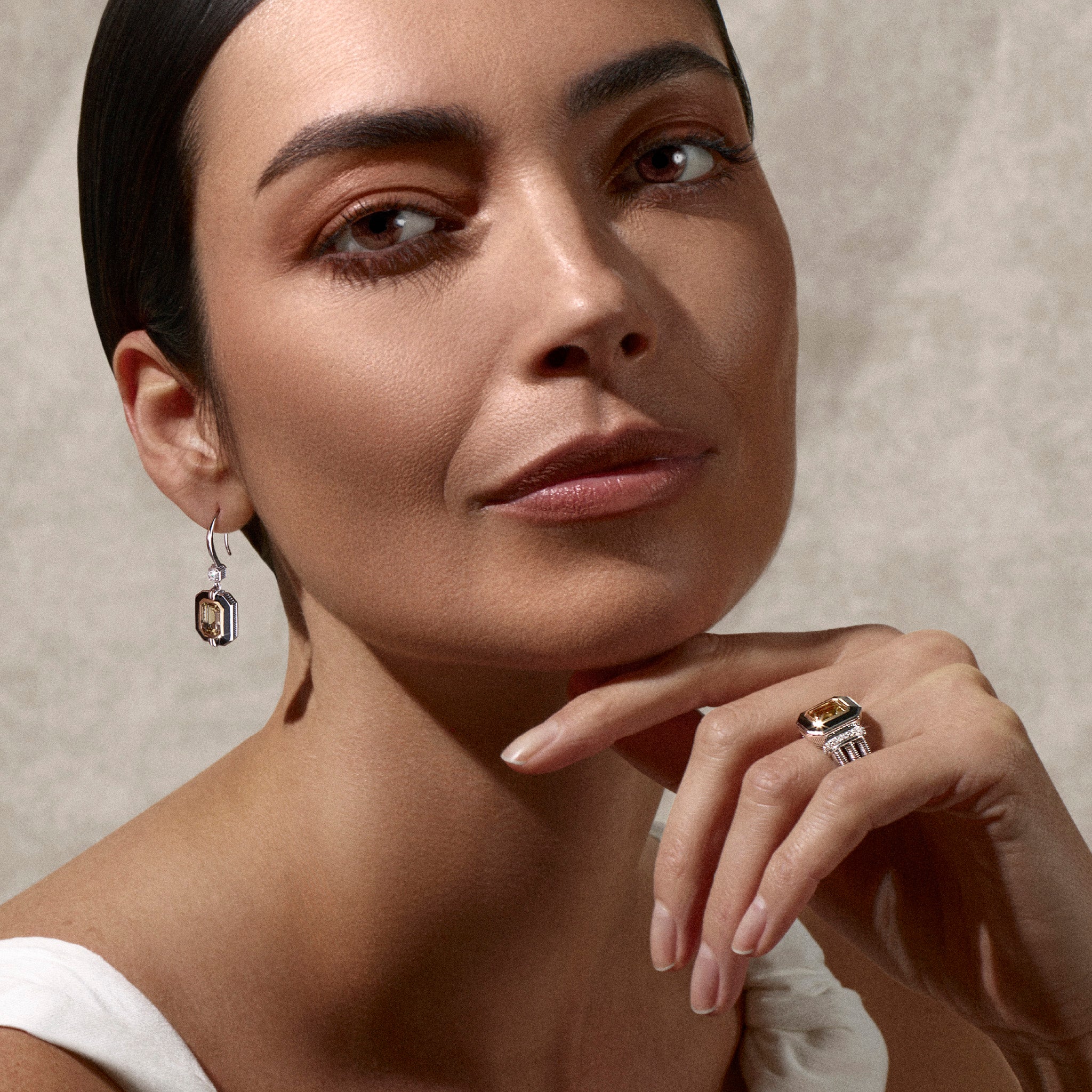 Adrienne Drop Earrings with Enamel, Champagne Citrine, Diamonds and 18K Gold