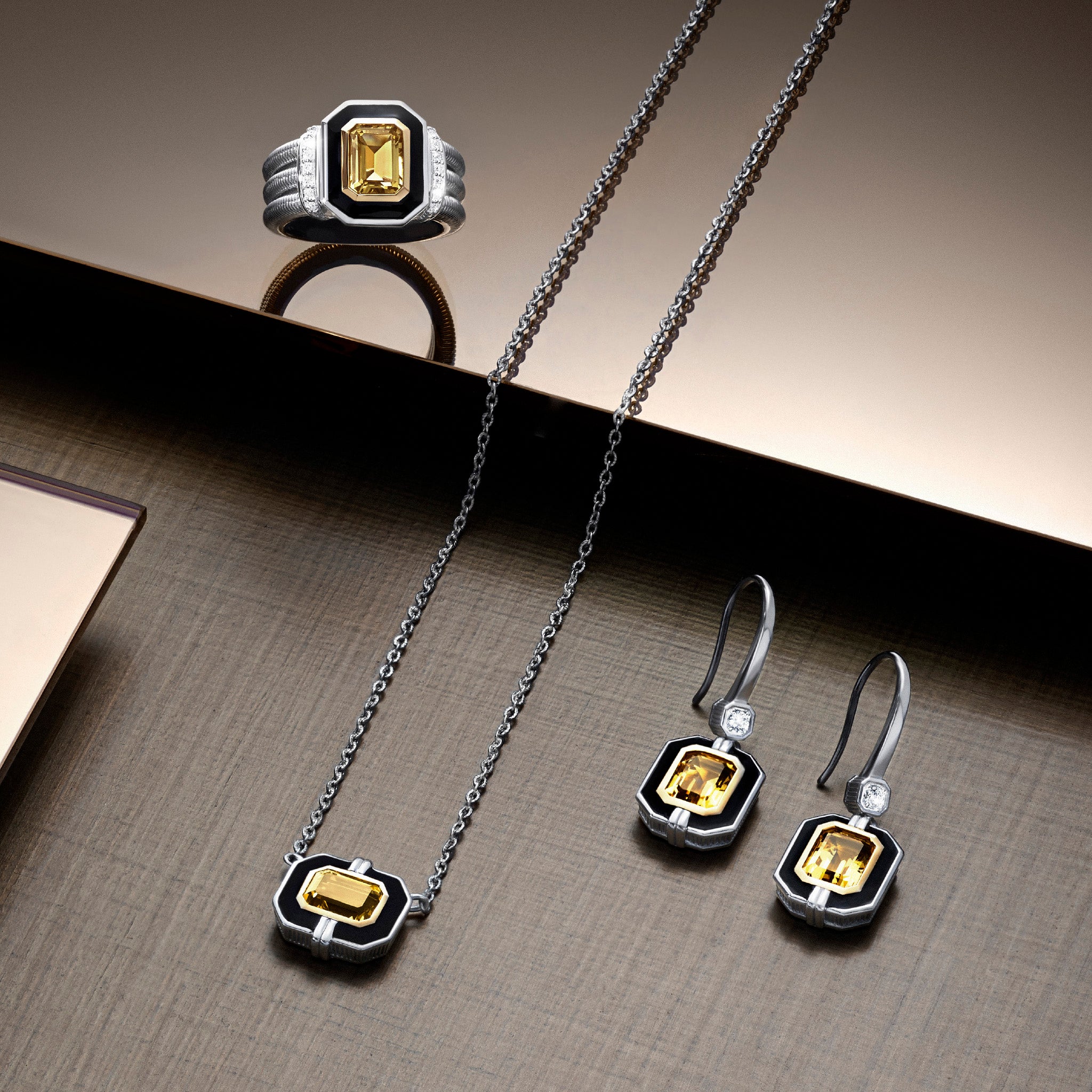 Adrienne Drop Earrings with Enamel, Champagne Citrine, Diamonds and 18K Gold