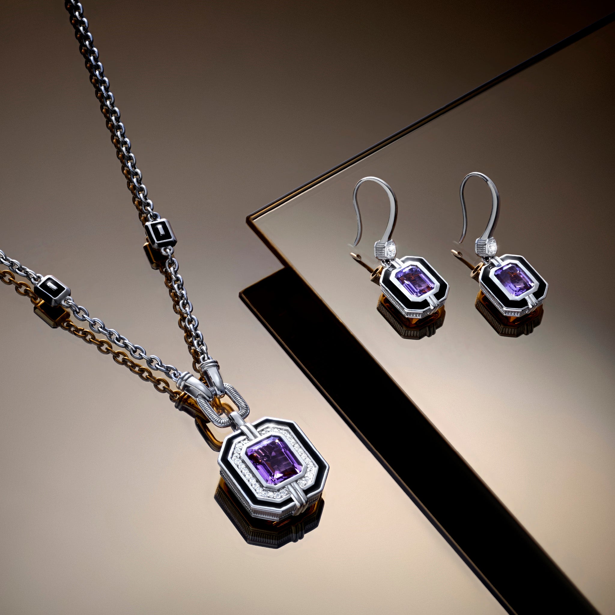 Adrienne Drop Earrings with Enamel, Amethyst and Diamonds