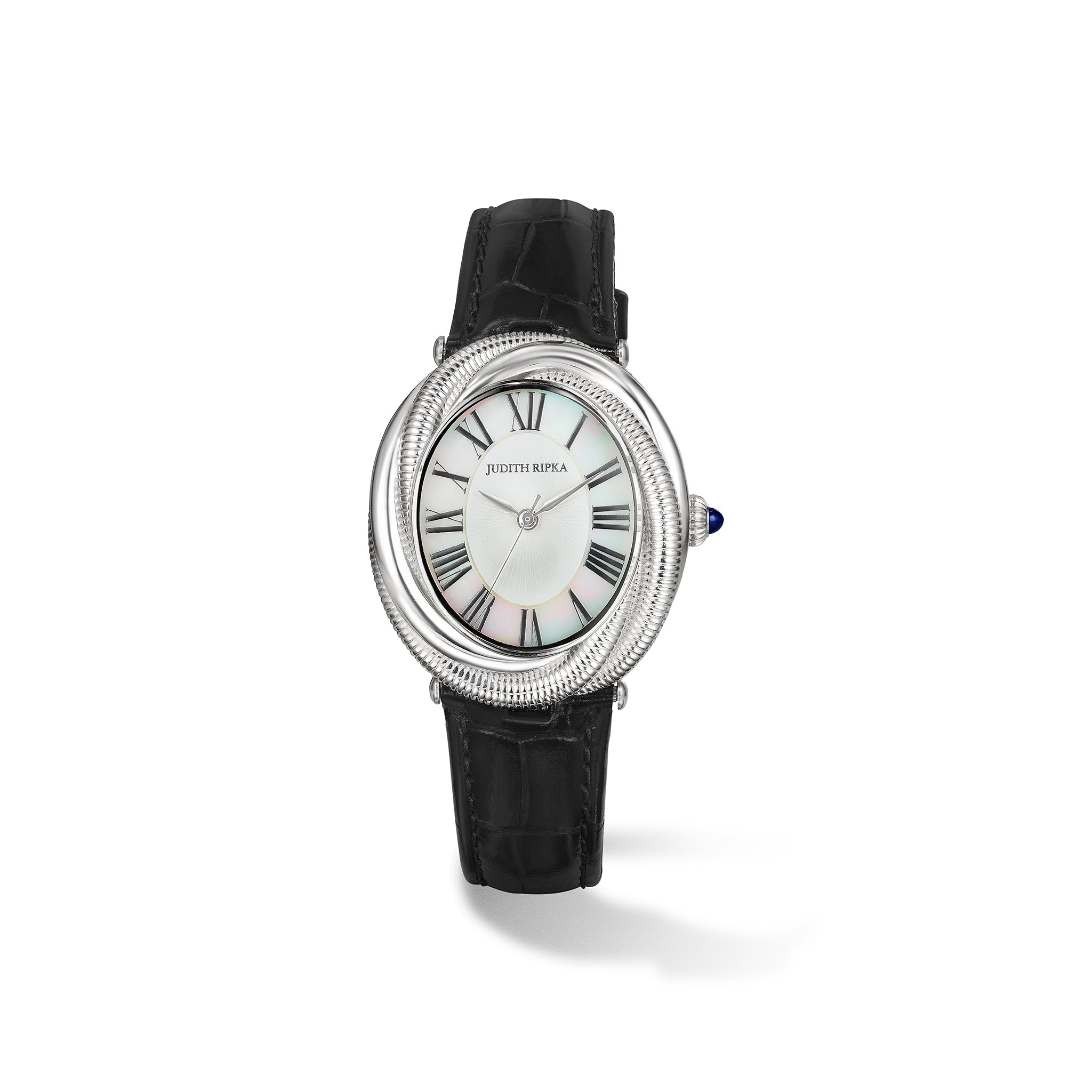 Eternity Watch With Mother Of Pearl, Blue Sapphire And Black Genuine Crocodile Strap